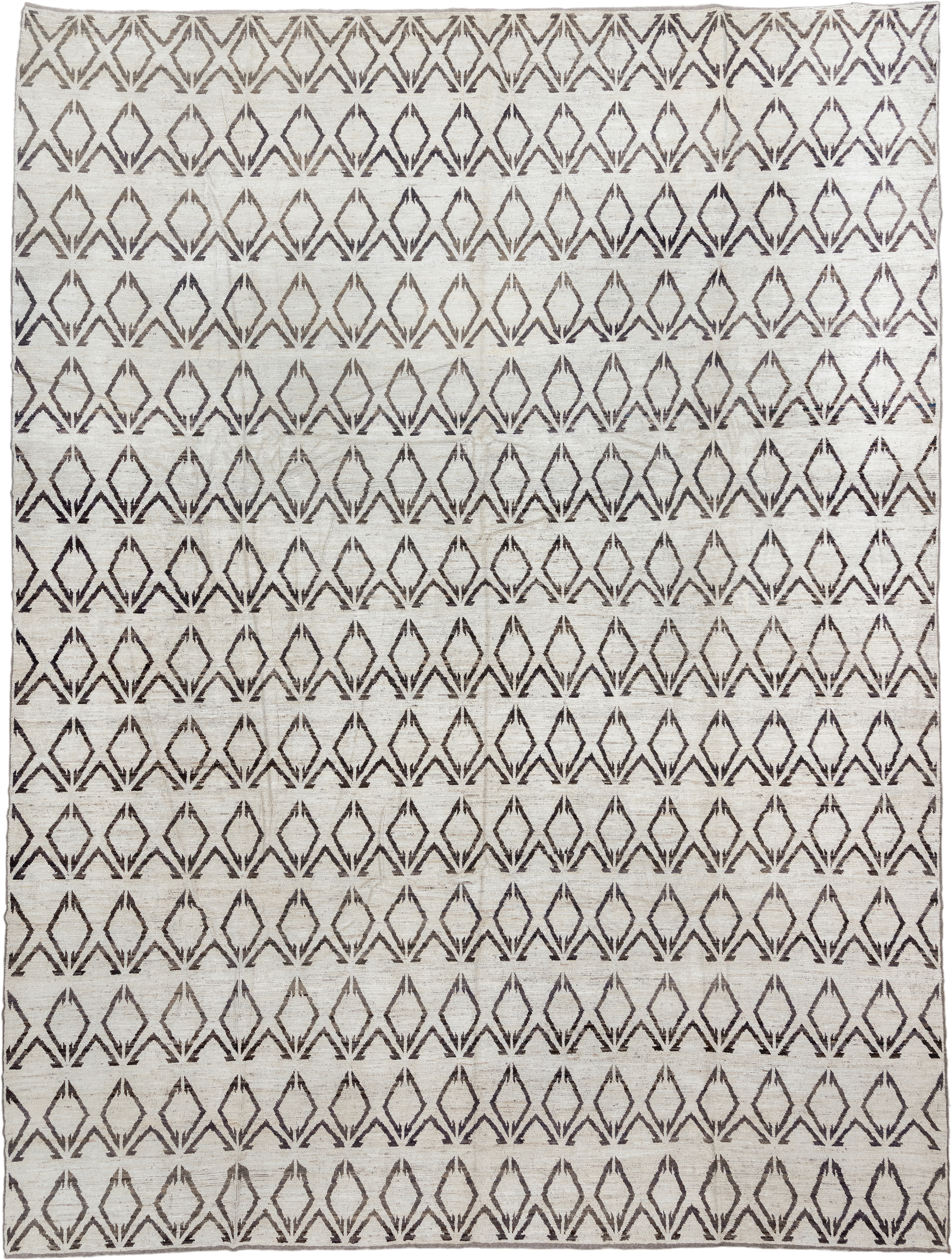 14' x 19' one-of-a-kind handmade vintage Tulu oversize rug. Color palette: ivory, charcoal, taupe, gray, black, beige