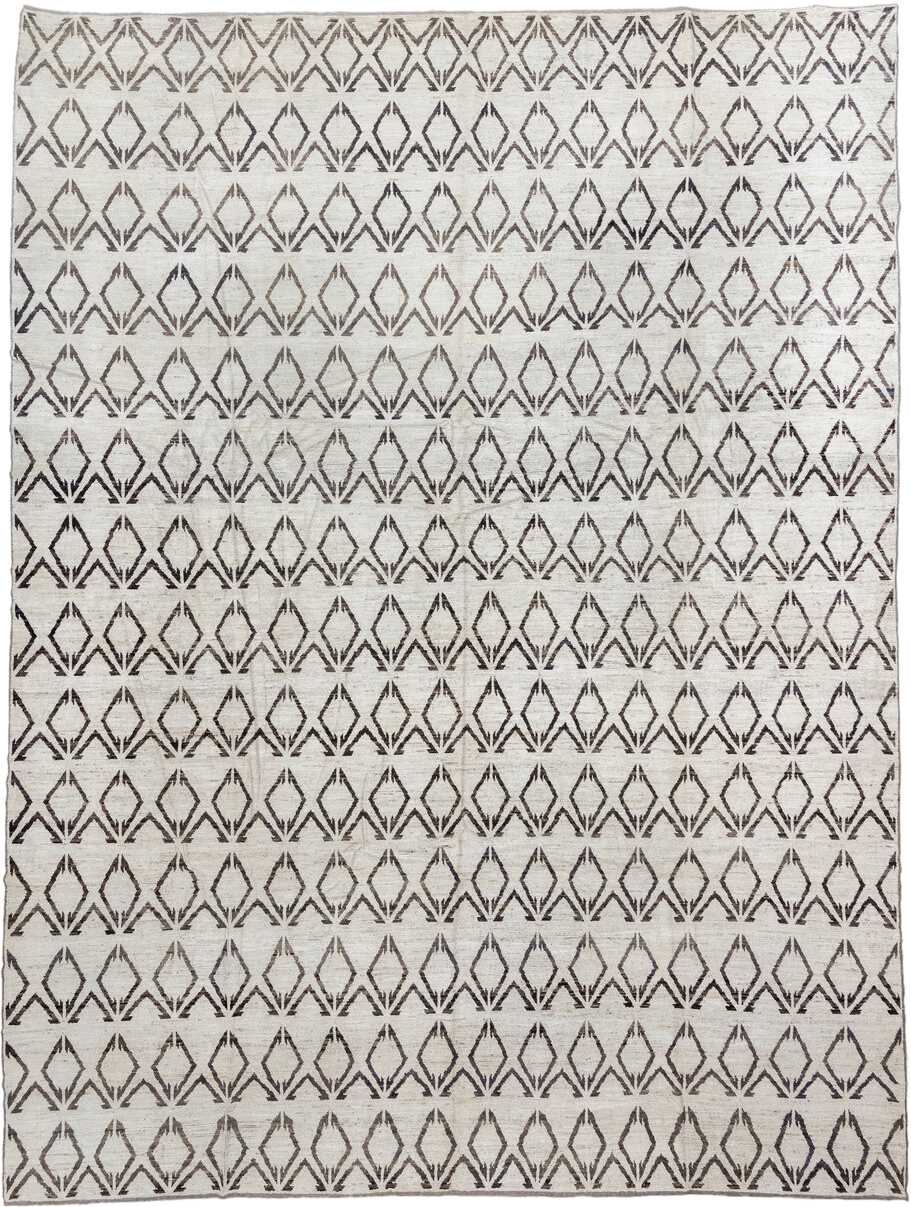 14' x 19' one-of-a-kind handmade vintage Tulu oversize rug. Color palette: ivory, charcoal, taupe, gray, black, beige