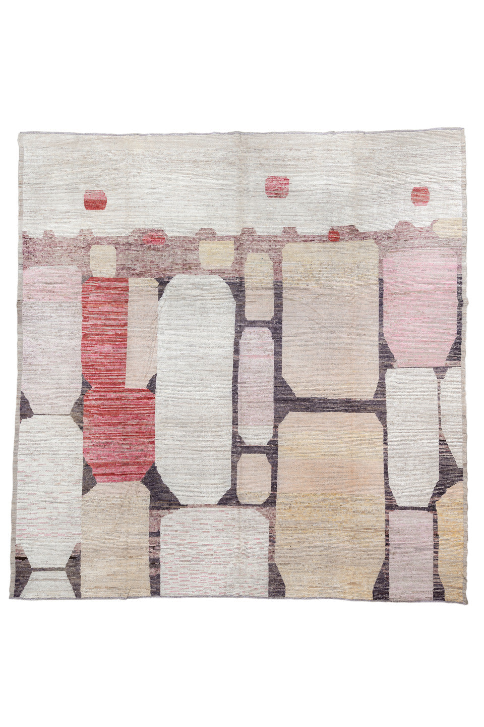 14' x 14' one-of-a-kind handmade vintage Tulu oversize rug. Color palette: brown, dark gray, gainsboro, gray, light gray