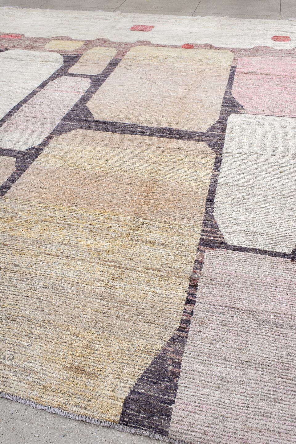 14' x 14' one-of-a-kind handmade vintage Tulu oversize rug. Color palette: ivory, blush, sand, taupe, charcoal, coral, cream