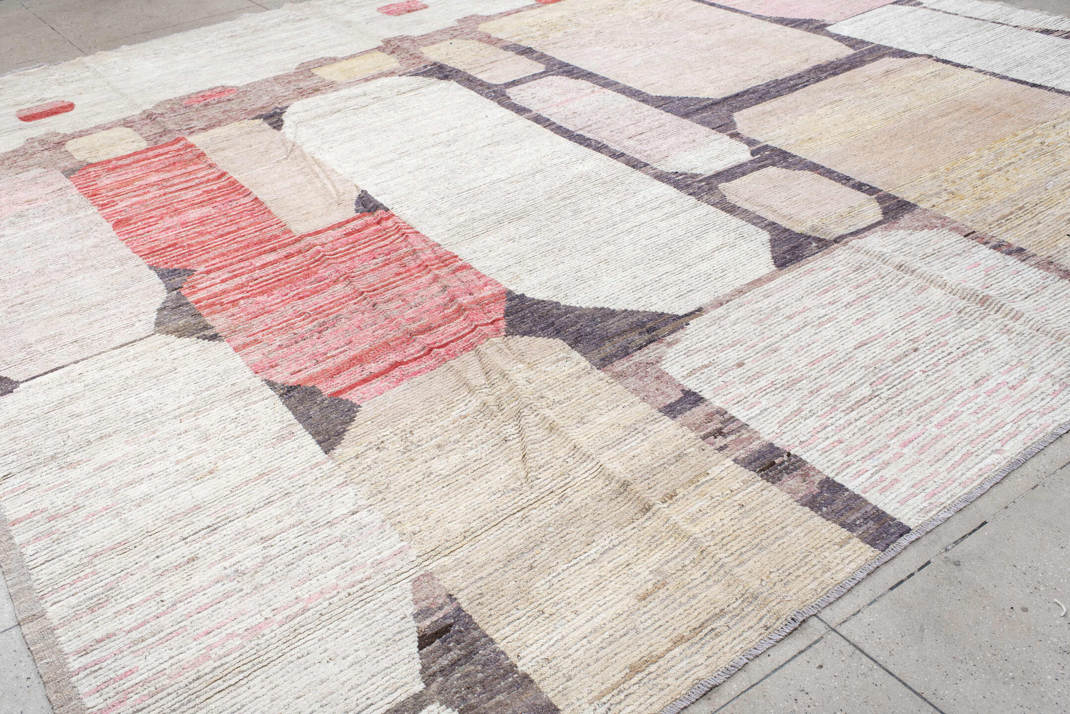 14' x 14' one-of-a-kind handmade vintage Tulu oversize rug. Color palette: ivory, blush, sand, taupe, charcoal, coral, cream
