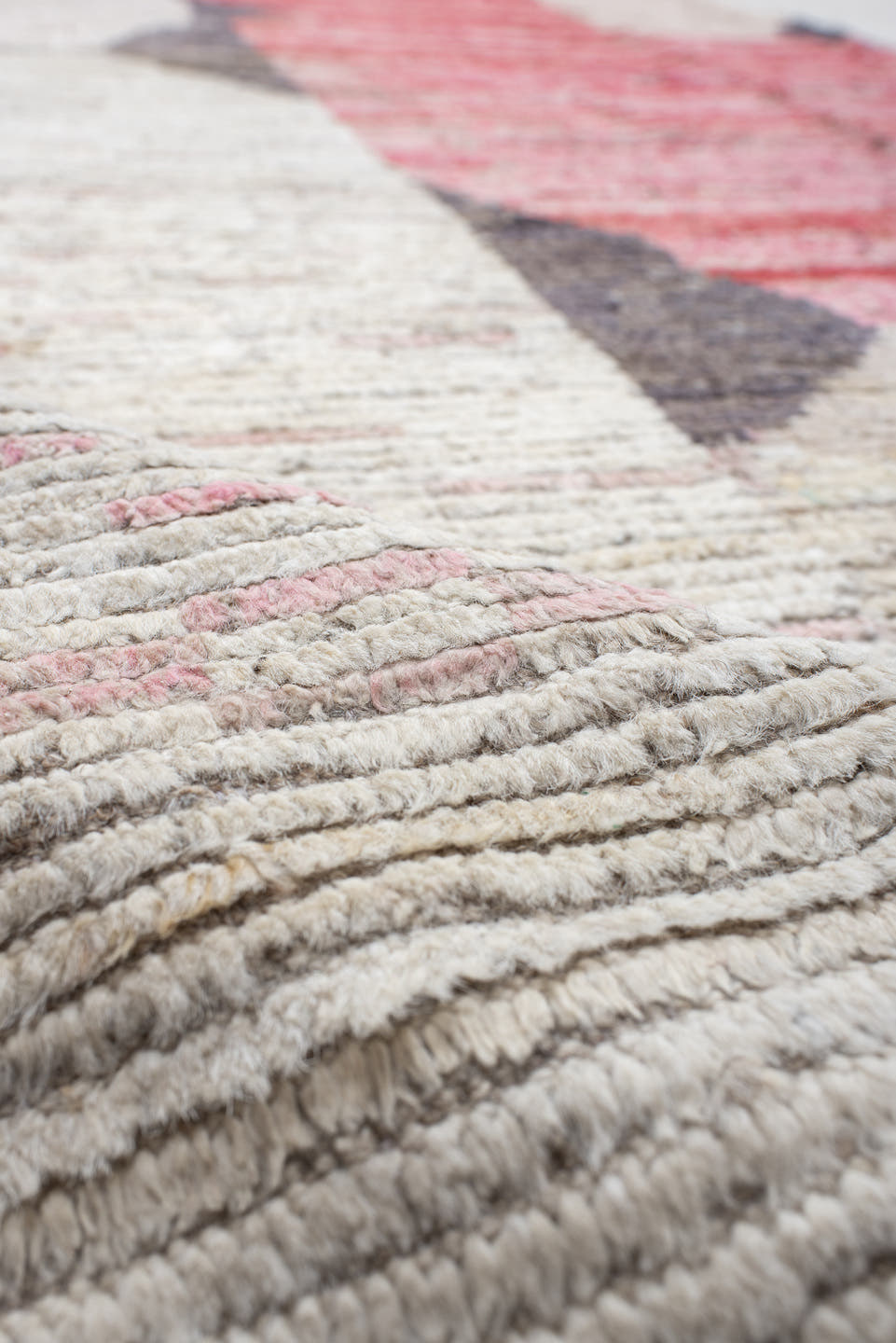 14' x 14' one-of-a-kind handmade vintage Tulu oversize rug. Color palette: ivory, blush, sand, taupe, charcoal, coral, cream