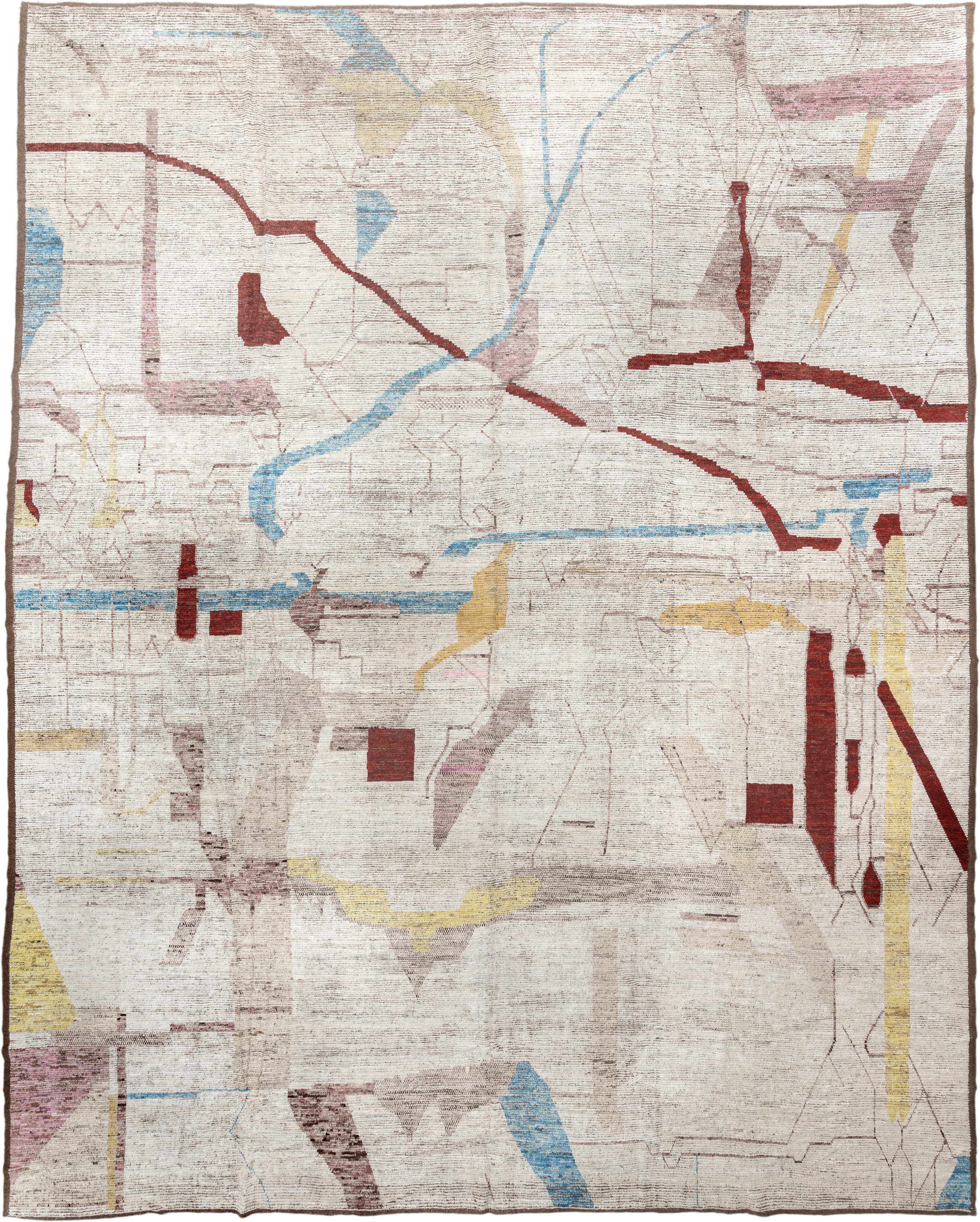 16' x 20' one-of-a-kind handmade vintage Tulu oversize rug. Color palette: ivory, rust, blush, sky blue, soft gold, taupe