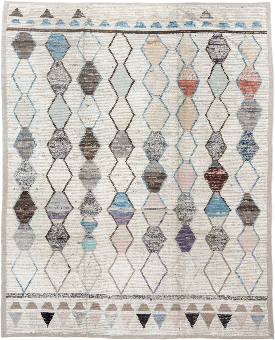 11' x 13' one-of-a-kind handmade vintage Tulu oversize rug. Color palette: ivory, sky blue, taupe, gray, charcoal, rose