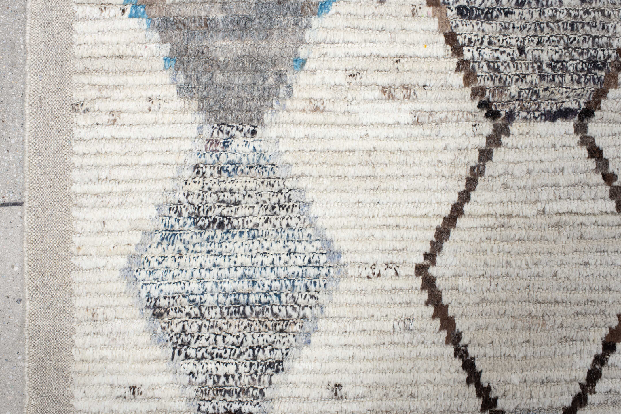 11' x 13' one-of-a-kind handmade vintage Tulu oversize rug. Color palette: ivory, sky blue, taupe, gray, charcoal, rose