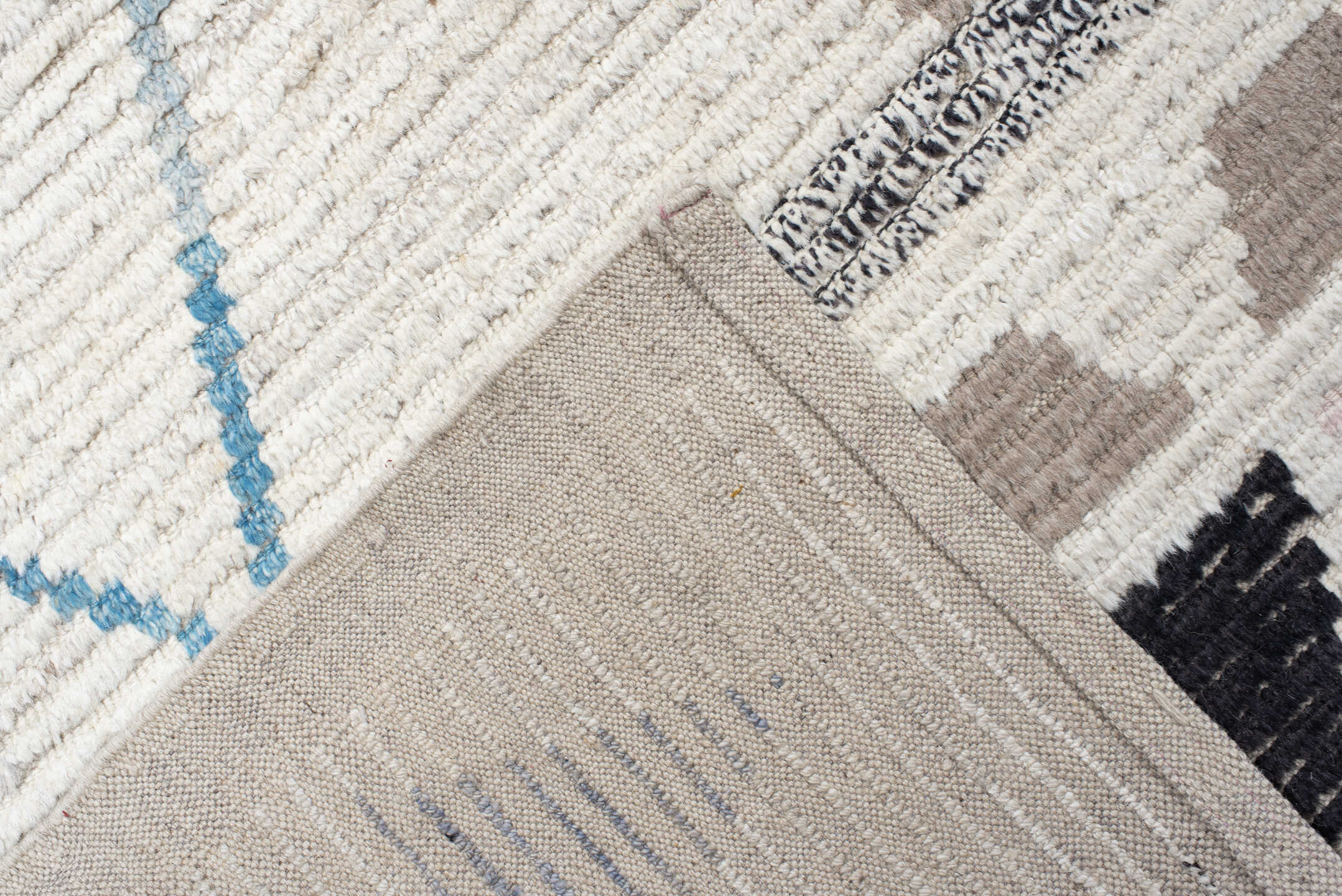 11' x 13' one-of-a-kind handmade vintage Tulu oversize rug. Color palette: ivory, sky blue, taupe, gray, charcoal, rose