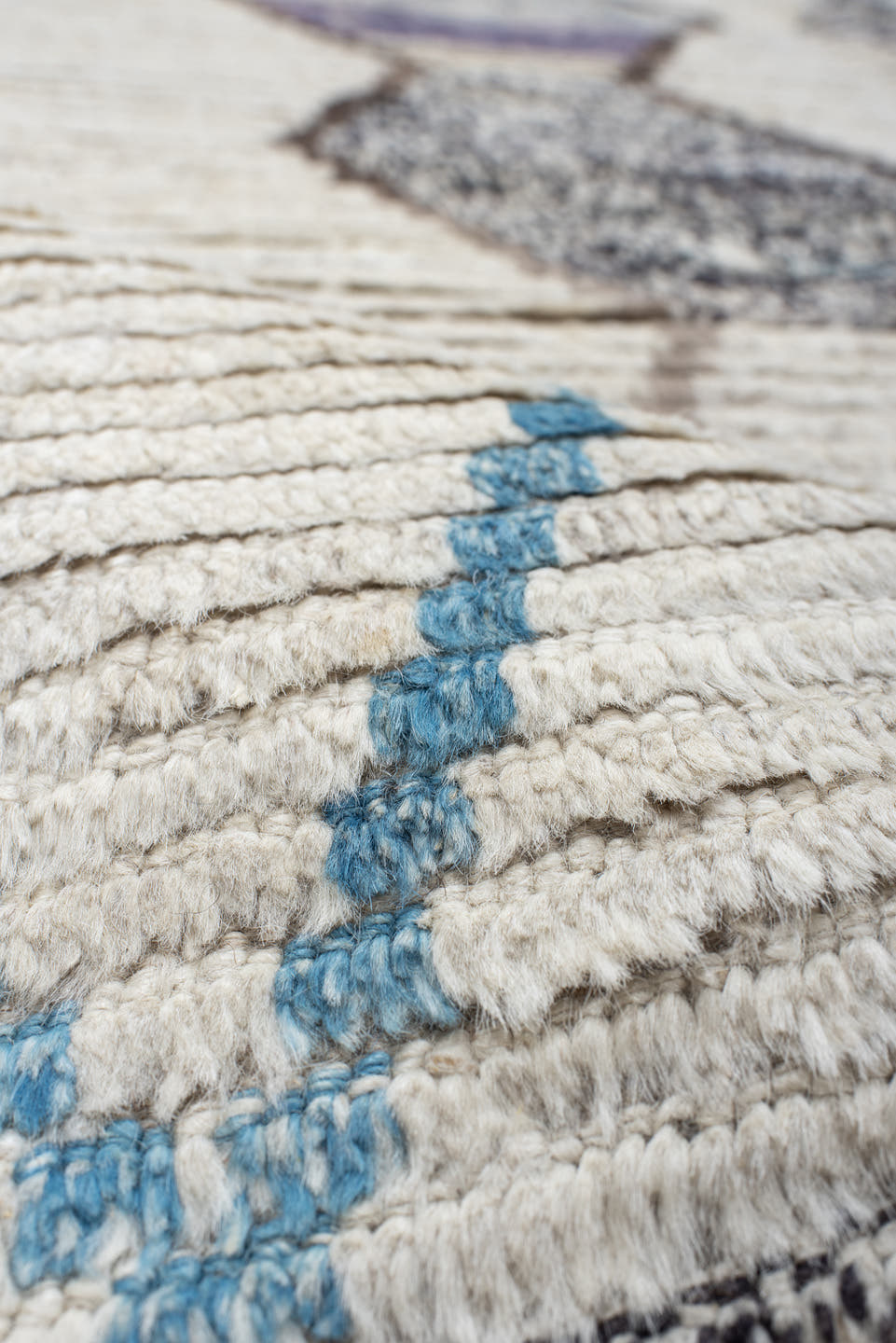 11' x 13' one-of-a-kind handmade vintage Tulu oversize rug. Color palette: ivory, sky blue, taupe, gray, charcoal, rose