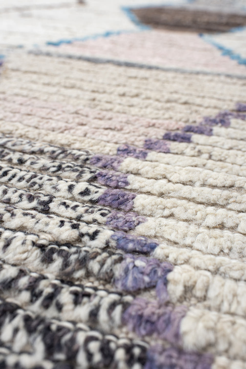 11' x 13' one-of-a-kind handmade vintage Tulu oversize rug. Color palette: ivory, sky blue, taupe, gray, charcoal, rose