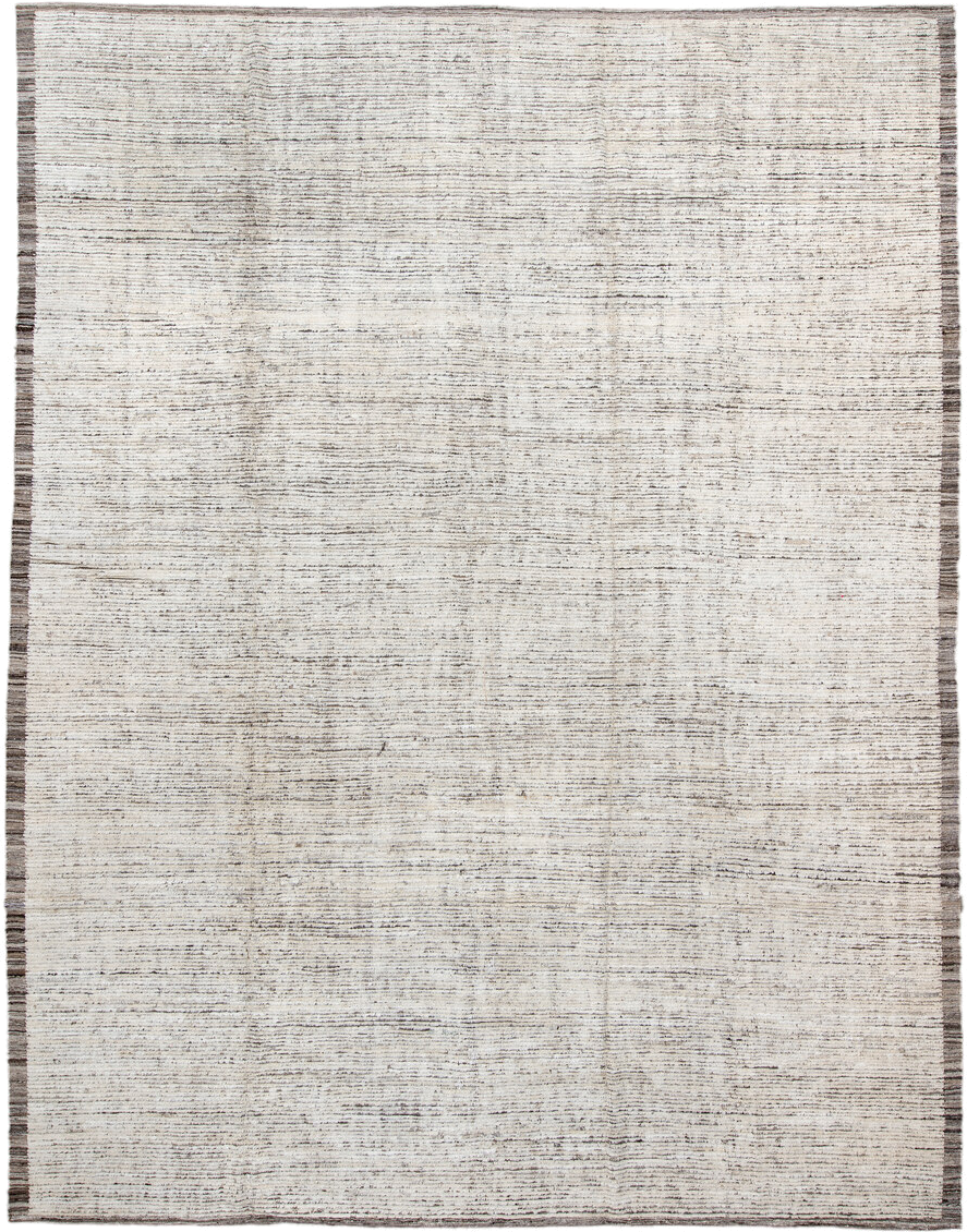 10' x 13' one-of-a-kind handmade vintage Tulu large size rug. Color palette: ivory, charcoal, taupe, brown, gray, black