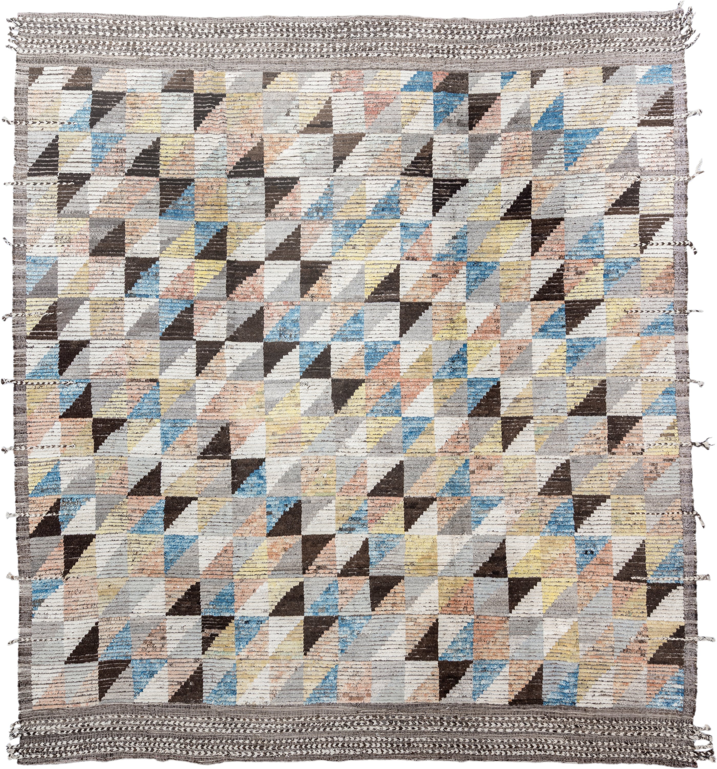13' x 14' one-of-a-kind handmade vintage Tulu oversize rug. Color palette: ivory, gray, charcoal, sky blue, pale yellow