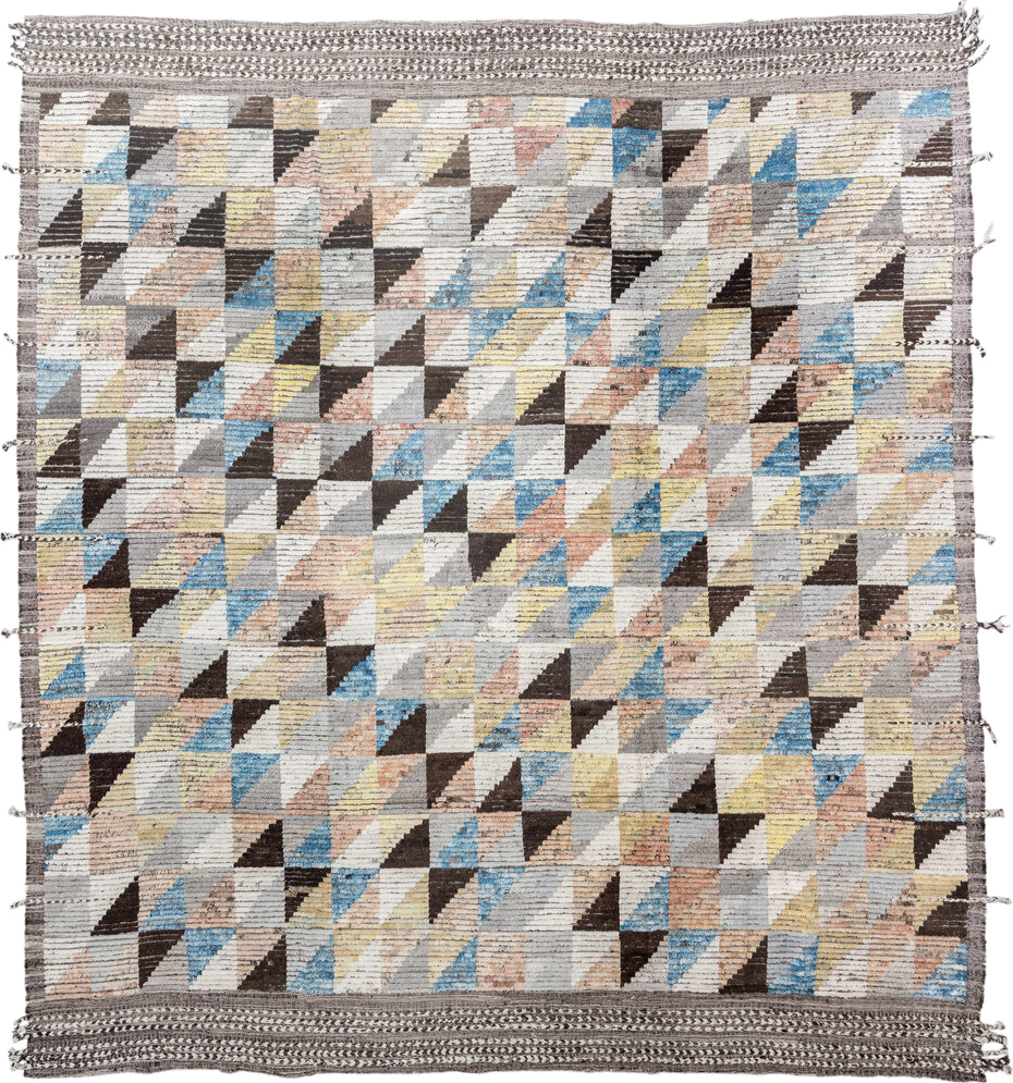 13' x 14' one-of-a-kind handmade vintage Tulu oversize rug. Color palette: ivory, gray, charcoal, sky blue, pale yellow