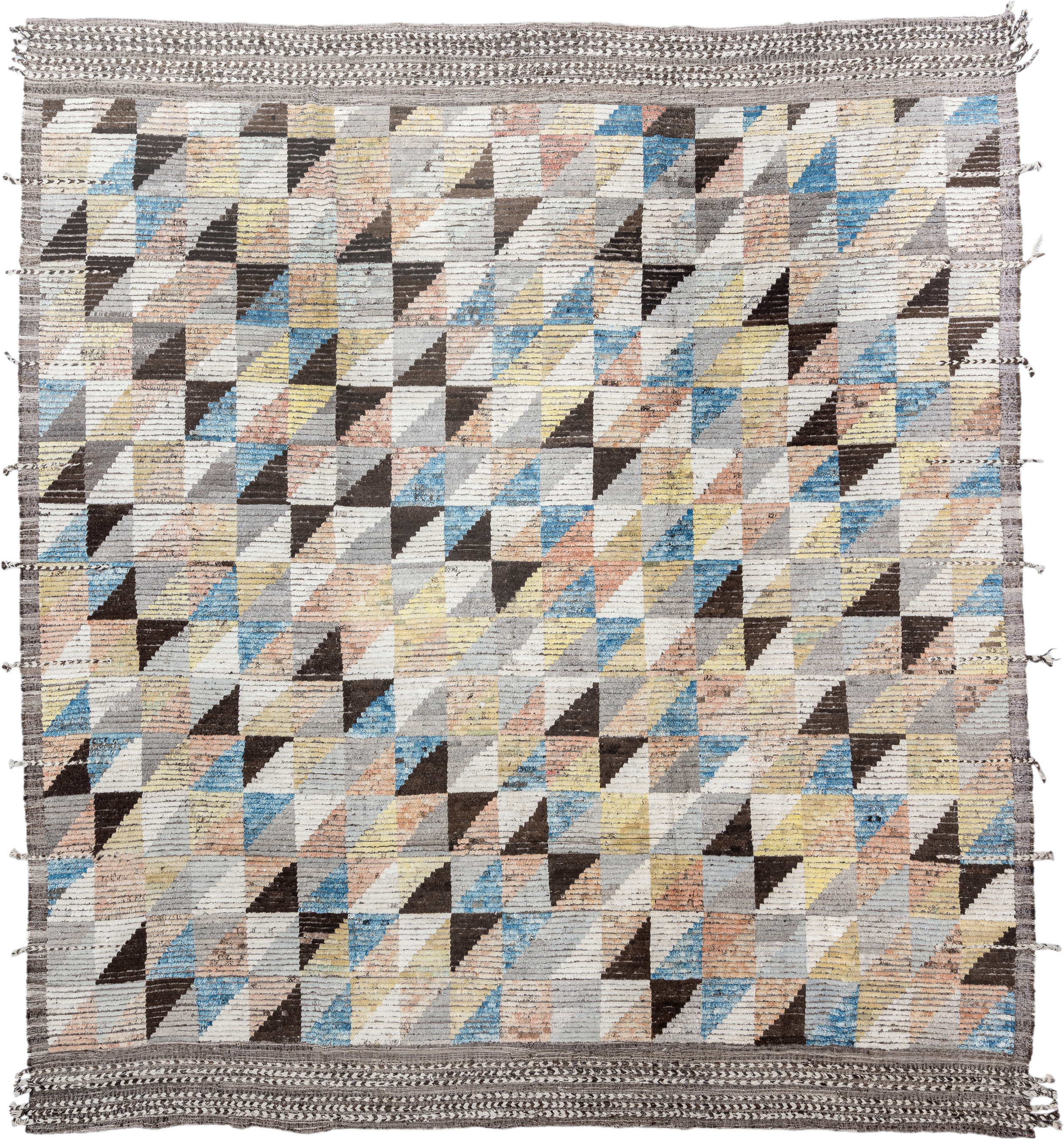 13' x 14' one-of-a-kind handmade vintage Tulu oversize rug. Color palette: ivory, gray, charcoal, sky blue, pale yellow
