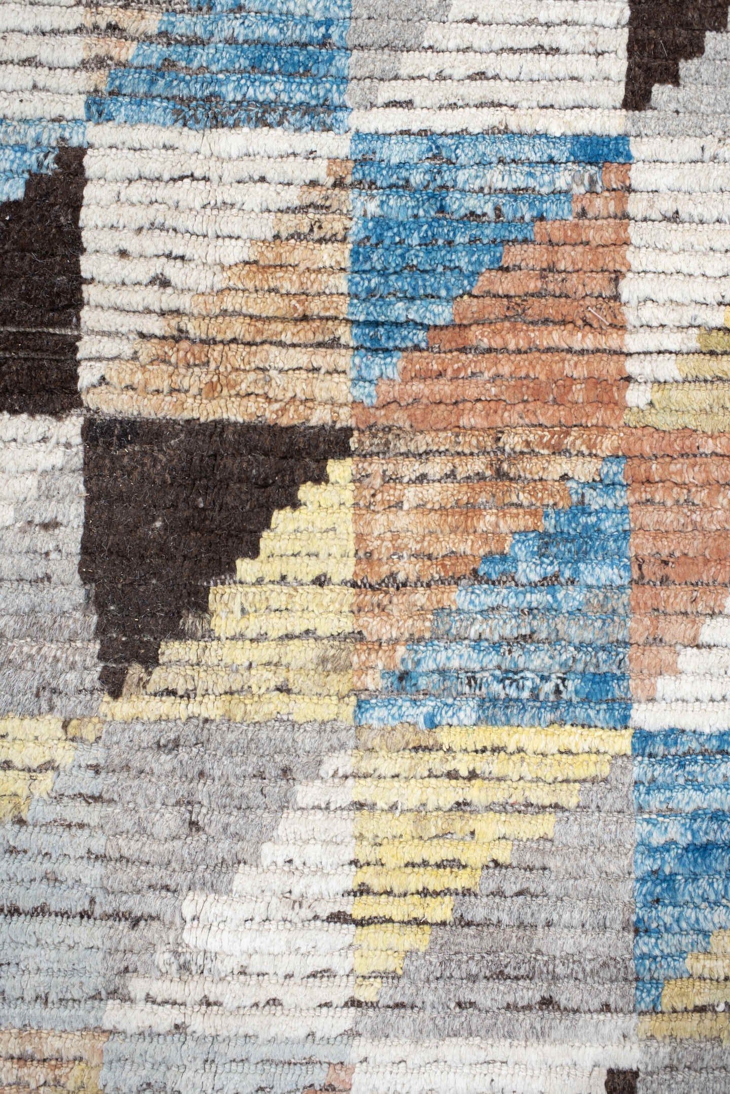 13' x 14' one-of-a-kind handmade vintage Tulu oversize rug. Color palette: ivory, gray, charcoal, sky blue, pale yellow