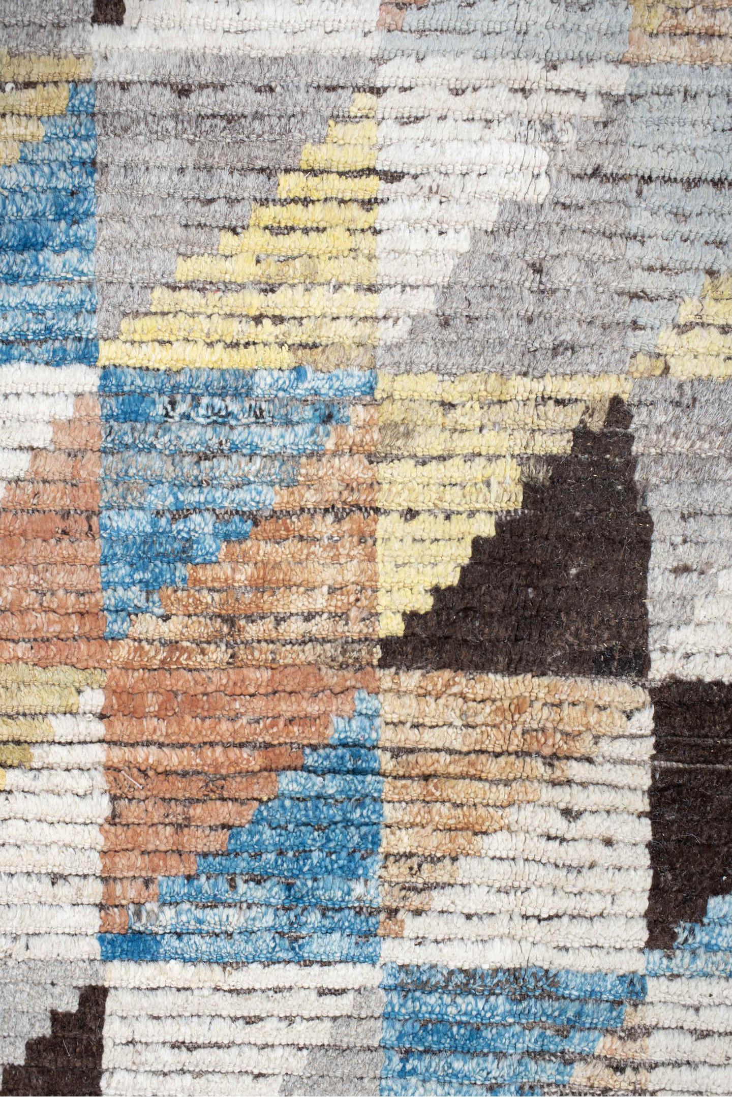 13' x 14' one-of-a-kind handmade vintage Tulu oversize rug. Color palette: ivory, gray, charcoal, sky blue, pale yellow