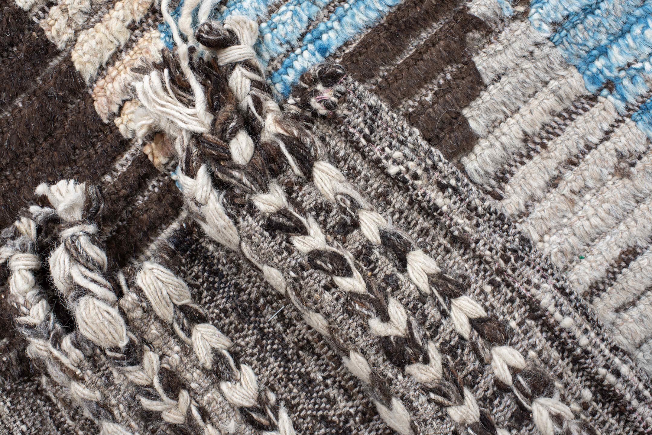 13' x 14' one-of-a-kind handmade vintage Tulu oversize rug. Color palette: ivory, gray, charcoal, sky blue, pale yellow