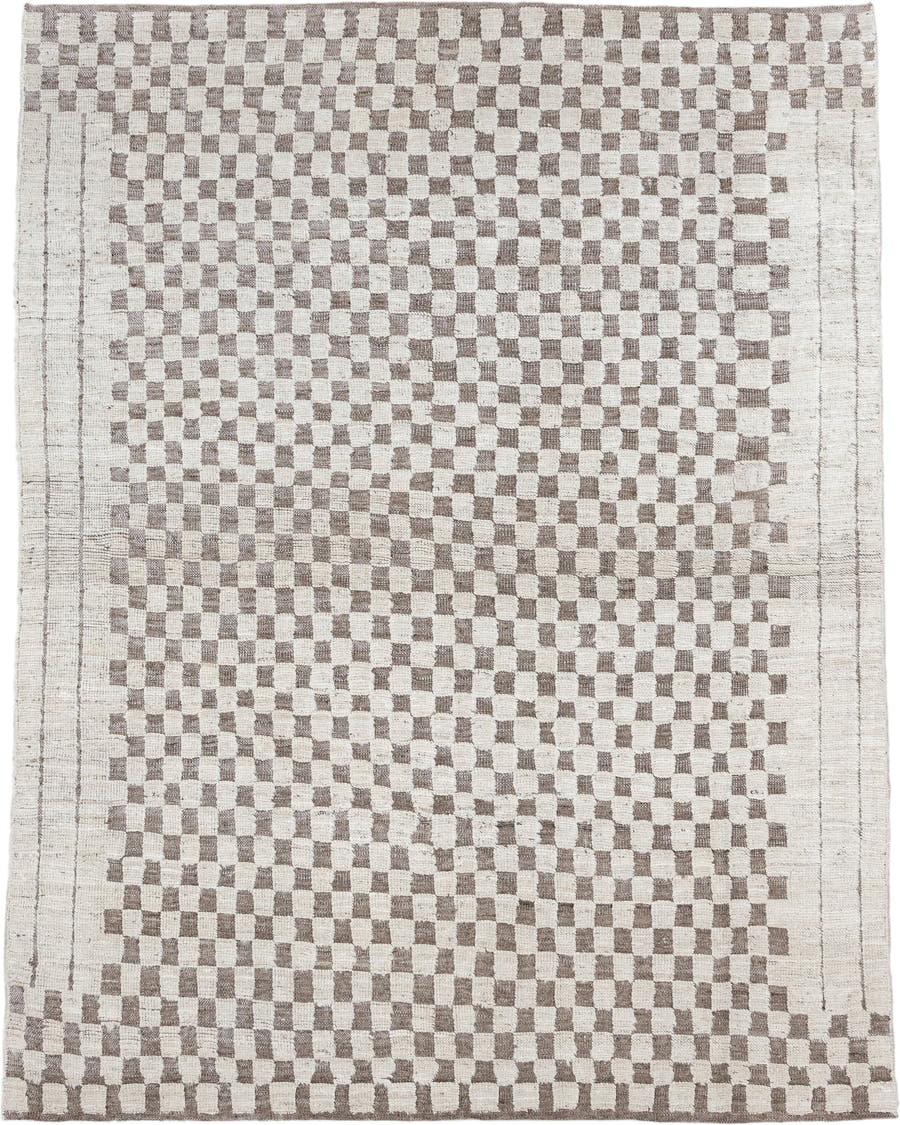 5' x 6' one-of-a-kind handmade vintage Tulu rug. Color palette: ivory, taupe, beige, gray