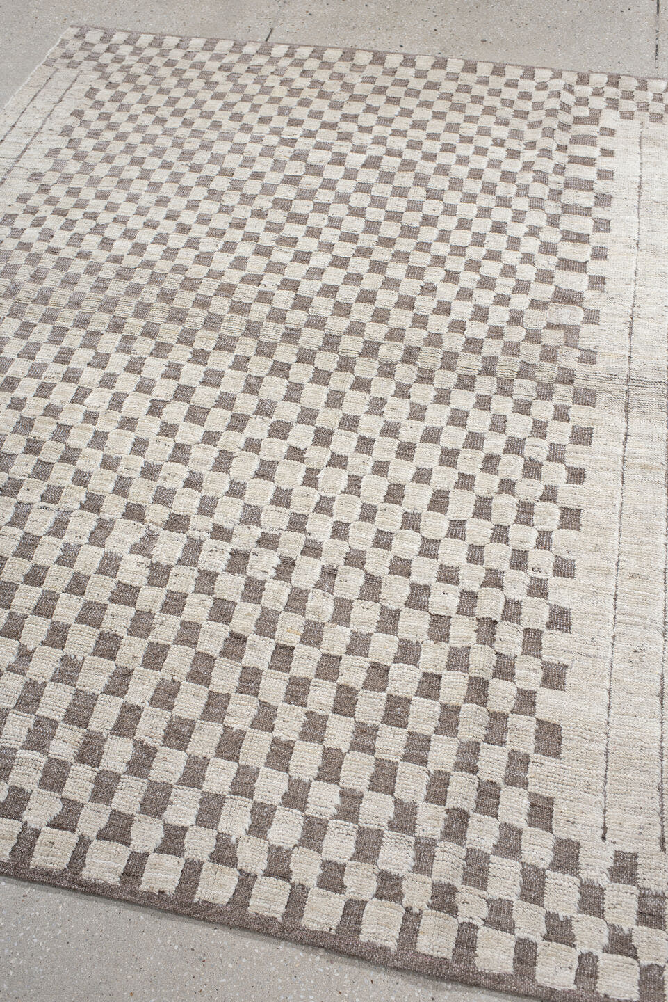 5' x 6' one-of-a-kind handmade vintage Tulu rug. Color palette: ivory, taupe, beige, gray