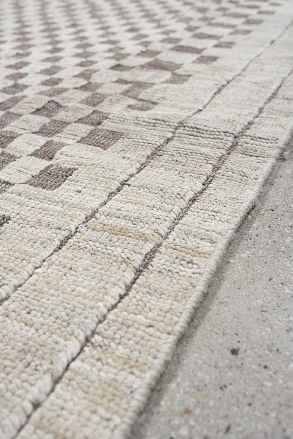 5' x 6' one-of-a-kind handmade vintage Tulu rug. Color palette: ivory, taupe, beige, gray