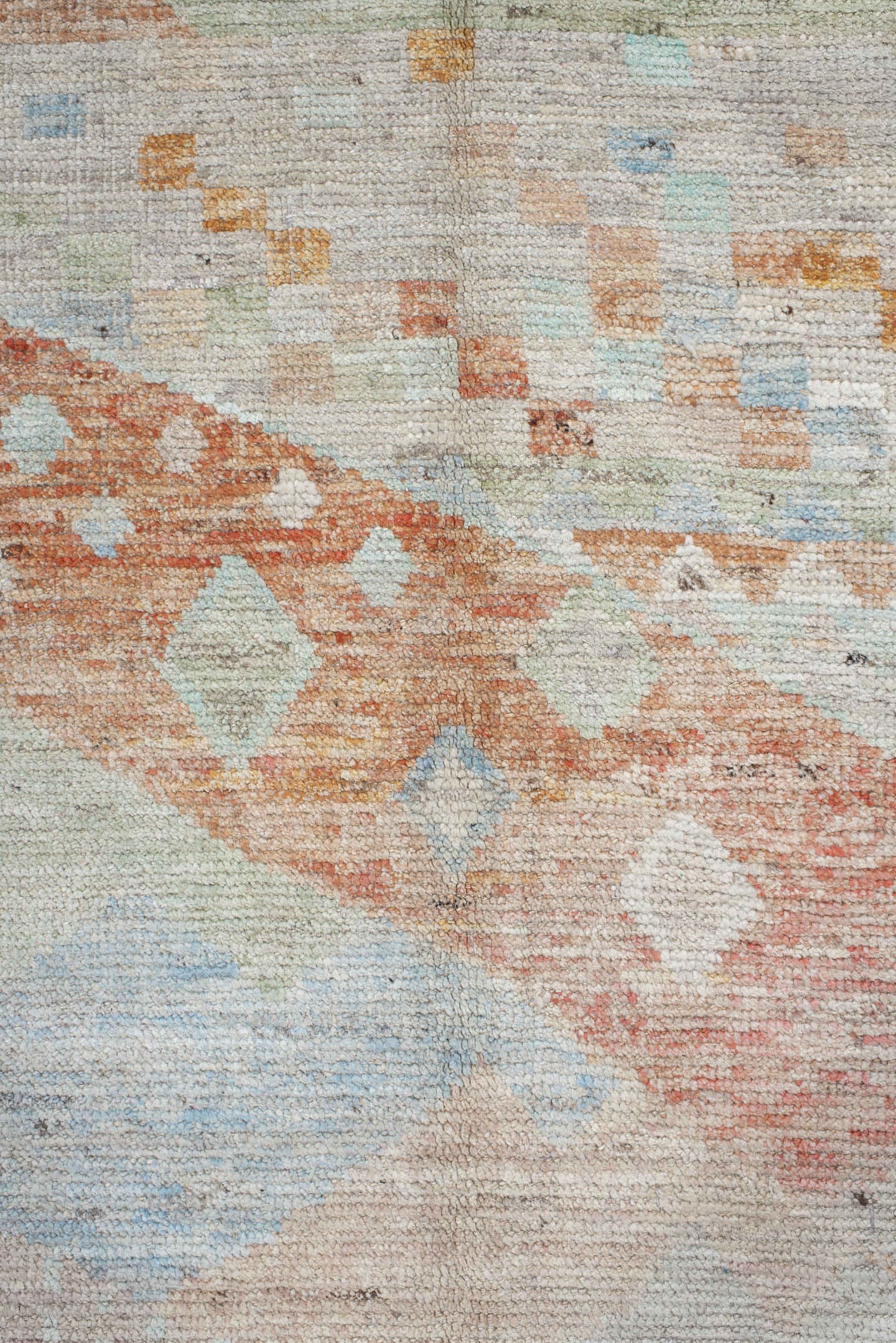 9' x 11' one-of-a-kind handmade vintage Tulu large size rug. Color palette: ivory, taupe, pale aqua, terracotta, sage, sand