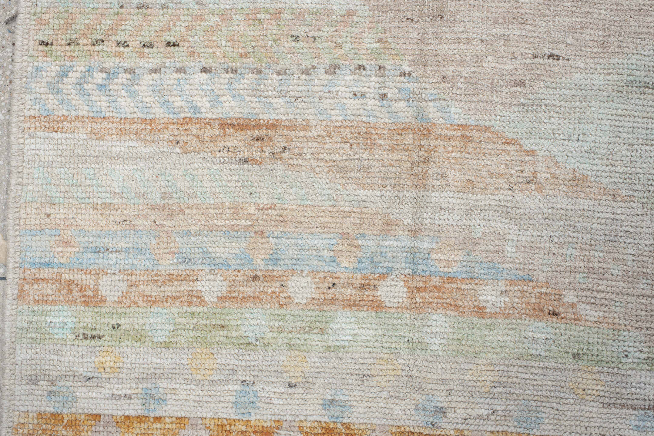 9' x 11' one-of-a-kind handmade vintage Tulu large size rug. Color palette: ivory, taupe, pale aqua, terracotta, sage, sand