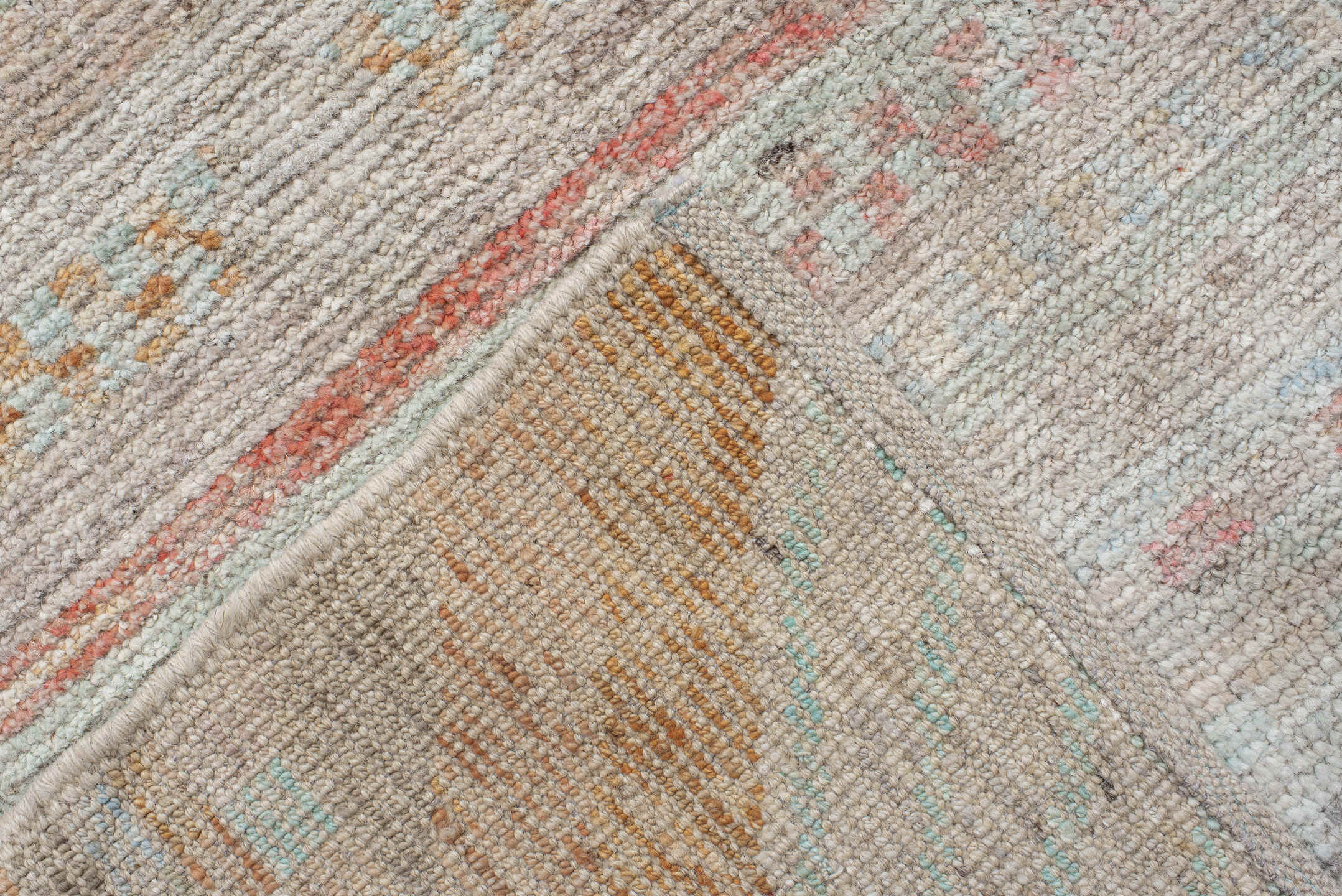 9' x 11' one-of-a-kind handmade vintage Tulu large size rug. Color palette: ivory, taupe, pale aqua, terracotta, sage, sand