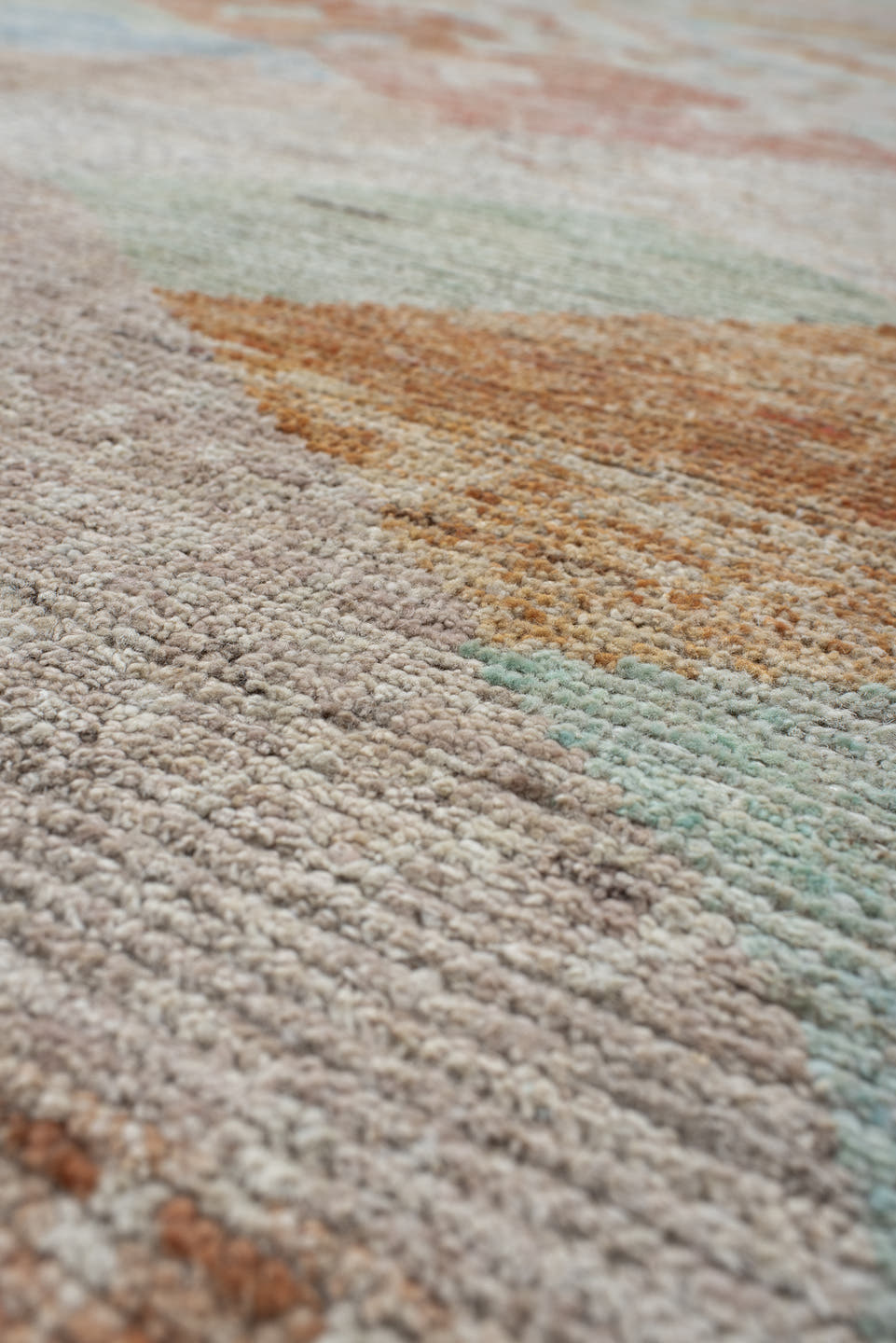 9' x 11' one-of-a-kind handmade vintage Tulu large size rug. Color palette: ivory, taupe, pale aqua, terracotta, sage, sand