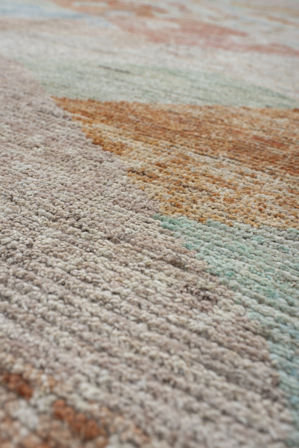 9' x 11' one-of-a-kind handmade vintage Tulu large size rug. Color palette: ivory, taupe, pale aqua, terracotta, sage, sand