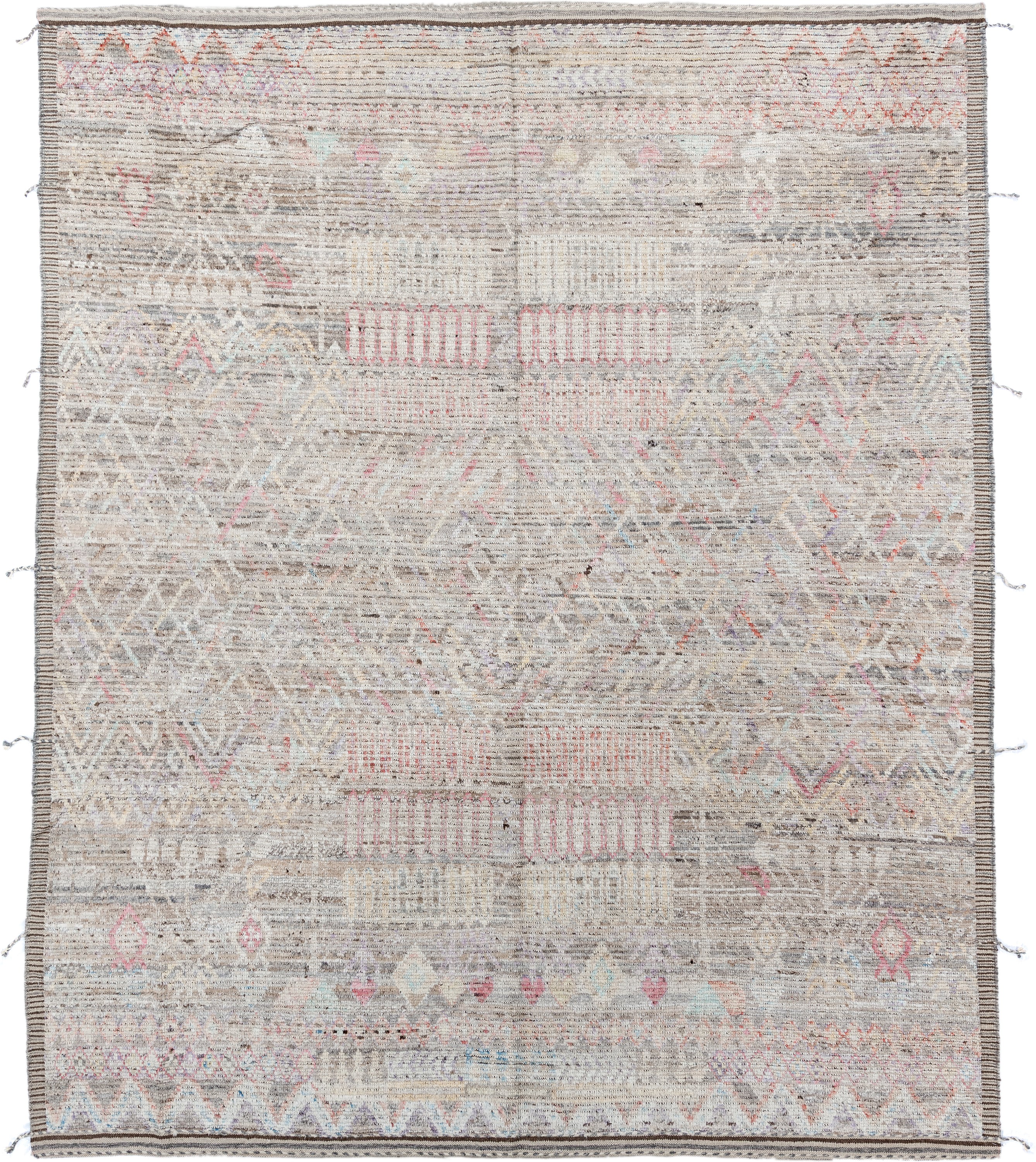8' x 9' one-of-a-kind handmade vintage Tulu rug. Color palette: ivory, taupe, gray, blush, pale blue, charcoal, cream, coral