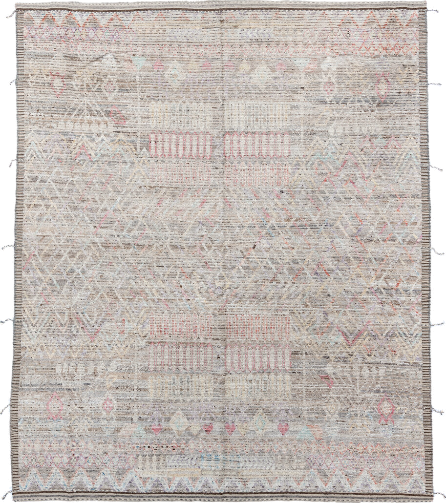 8' x 9' one-of-a-kind handmade vintage Tulu rug. Color palette: ivory, taupe, gray, blush, pale blue, charcoal, cream, coral