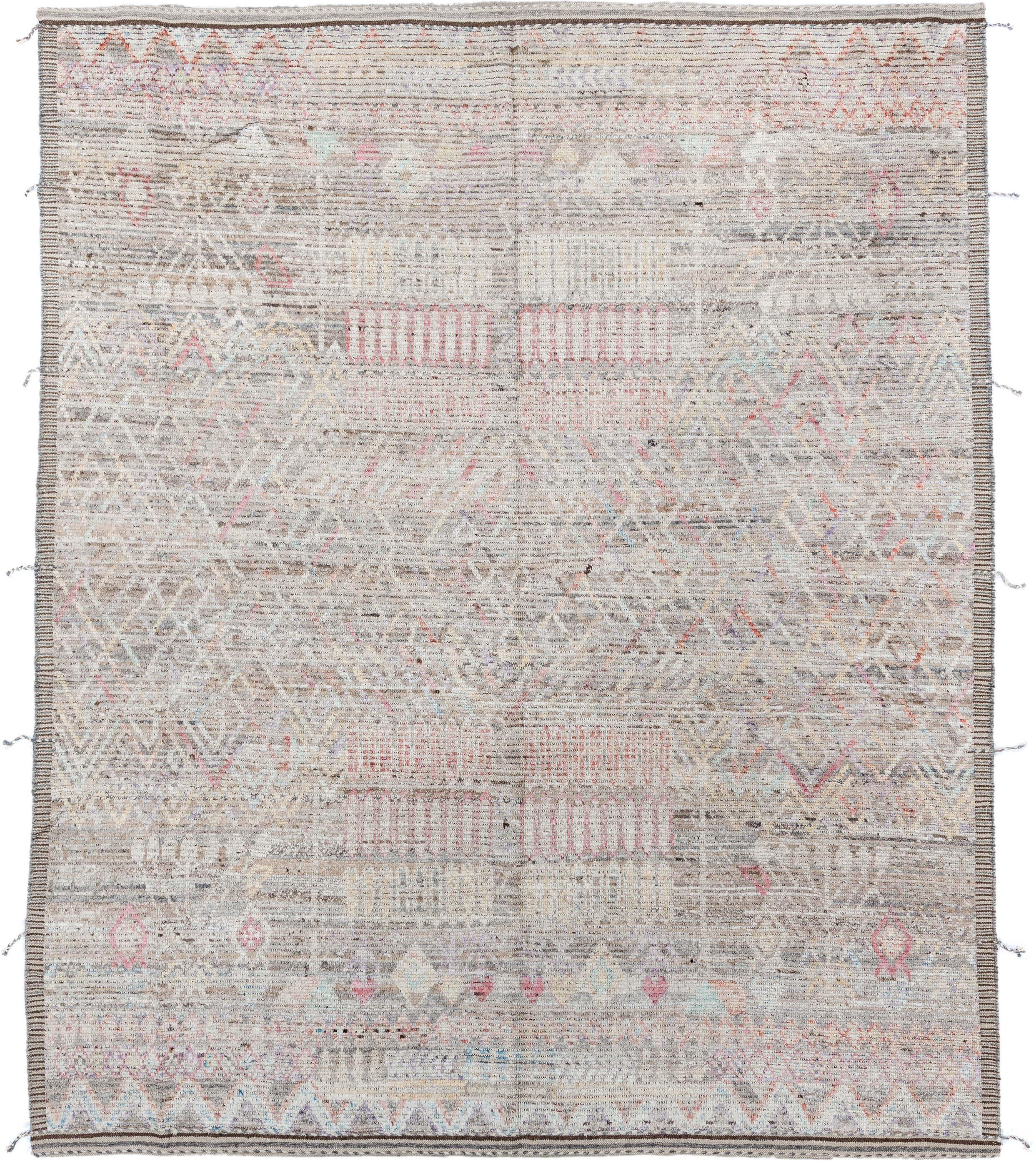 8' x 9' one-of-a-kind handmade vintage Tulu rug. Color palette: ivory, taupe, gray, blush, pale blue, charcoal, cream, coral