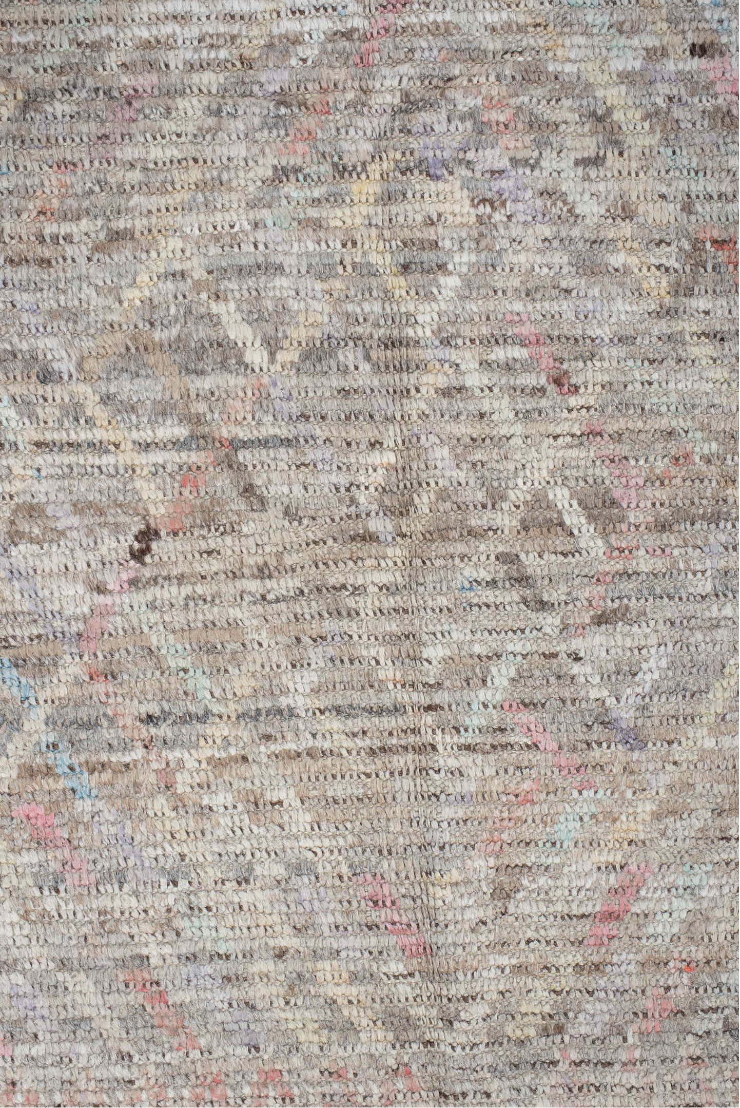 8' x 9' one-of-a-kind handmade vintage Tulu rug. Color palette: ivory, taupe, gray, blush, pale blue, charcoal, cream, coral