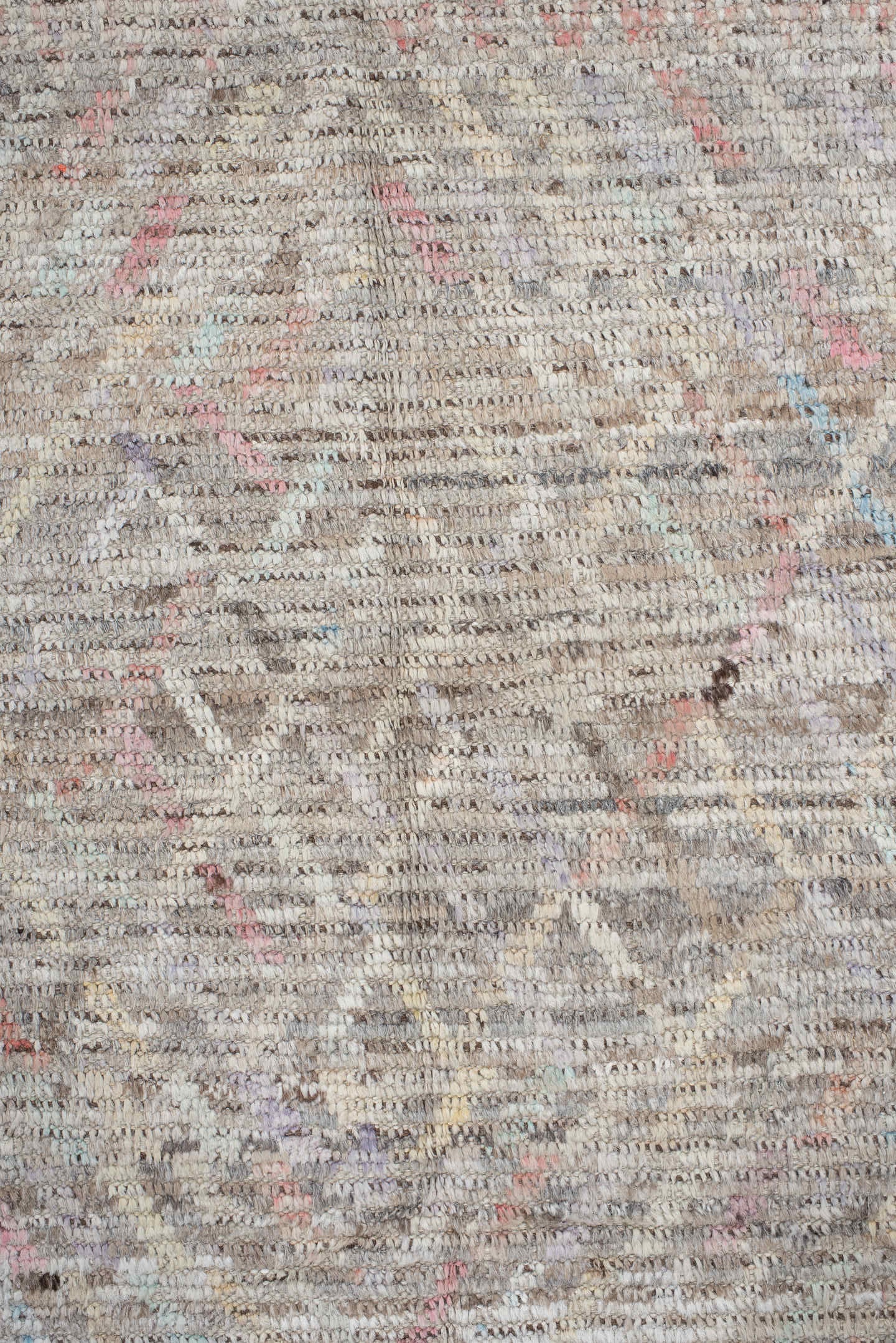 8' x 9' one-of-a-kind handmade vintage Tulu rug. Color palette: ivory, taupe, gray, blush, pale blue, charcoal, cream, coral