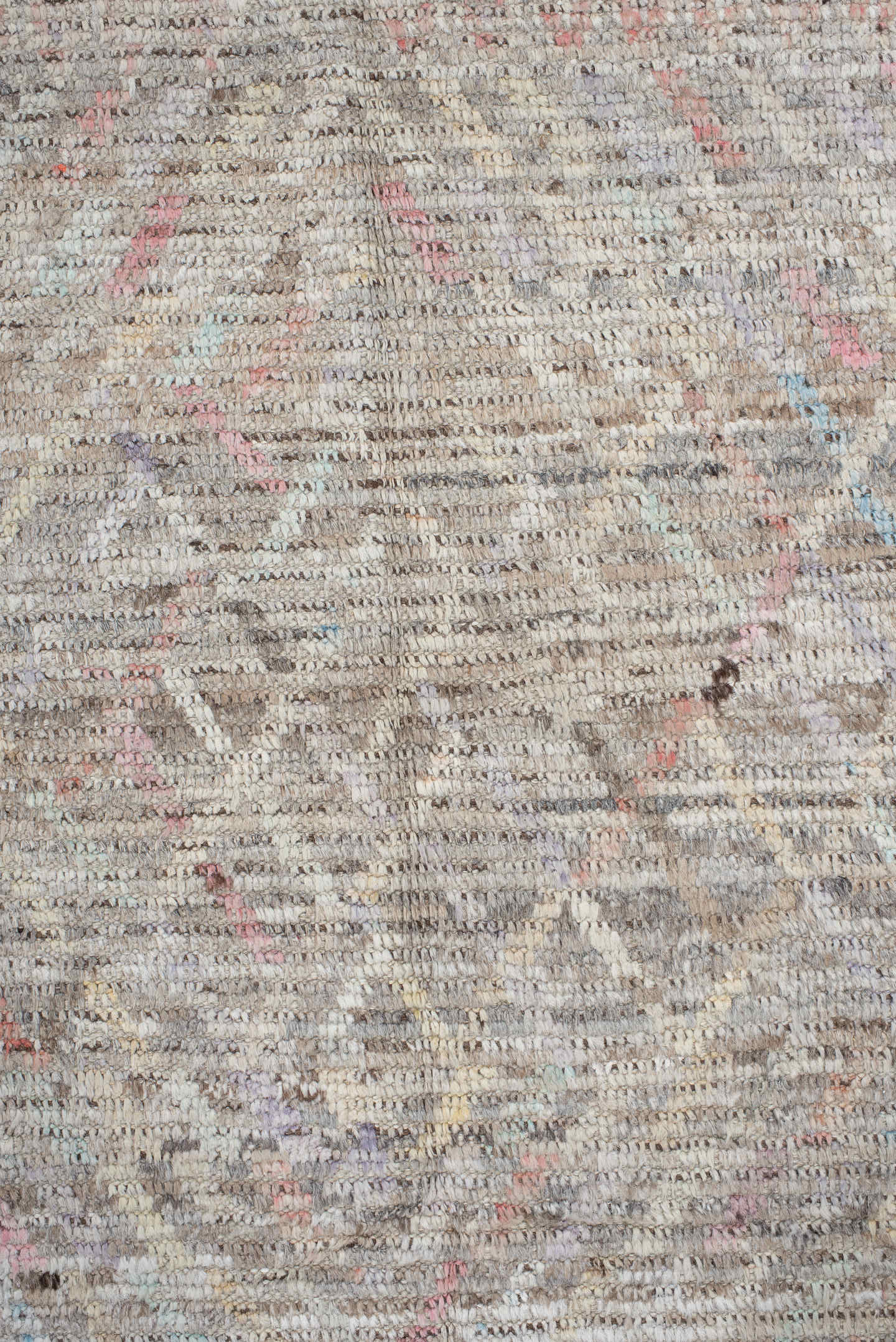 8' x 9' one-of-a-kind handmade vintage Tulu rug. Color palette: ivory, taupe, gray, blush, pale blue, charcoal, cream, coral