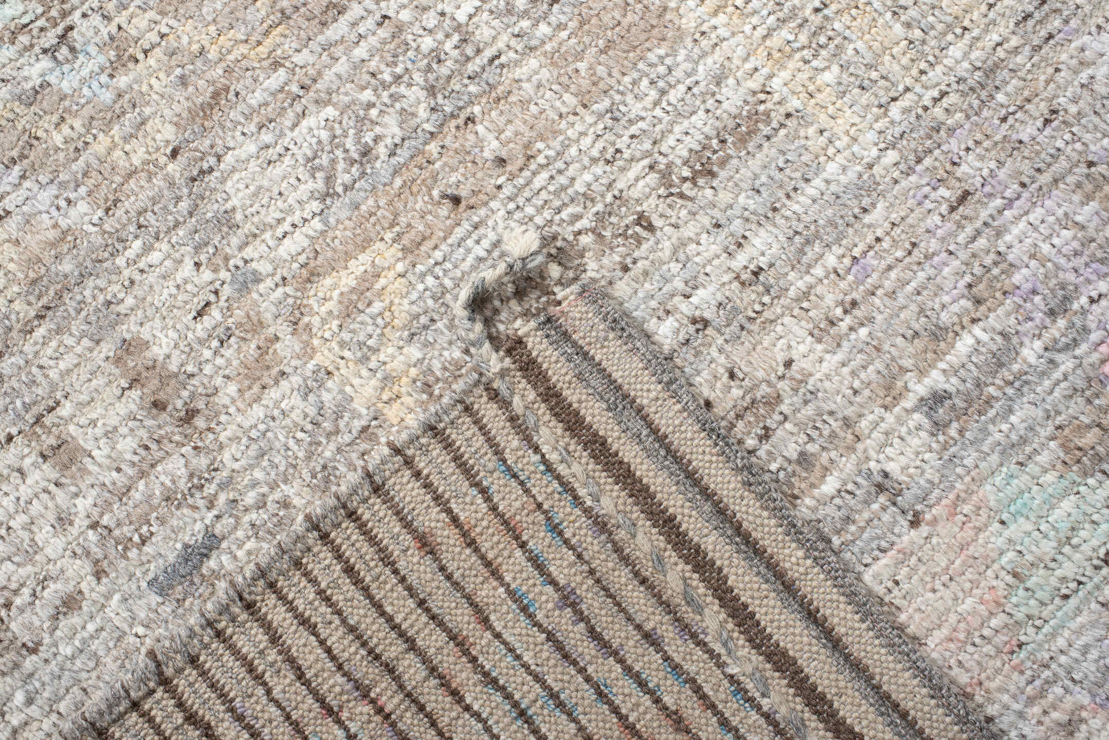 8' x 9' one-of-a-kind handmade vintage Tulu rug. Color palette: ivory, taupe, gray, blush, pale blue, charcoal, cream, coral