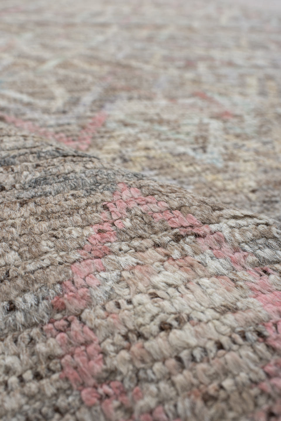 8' x 9' one-of-a-kind handmade vintage Tulu rug. Color palette: ivory, taupe, gray, blush, pale blue, charcoal, cream, coral