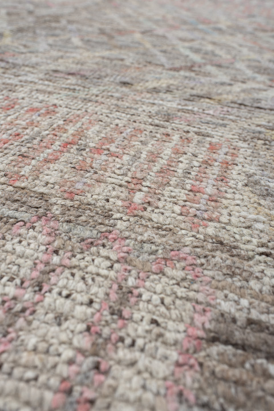 8' x 9' one-of-a-kind handmade vintage Tulu rug. Color palette: ivory, taupe, gray, blush, pale blue, charcoal, cream, coral
