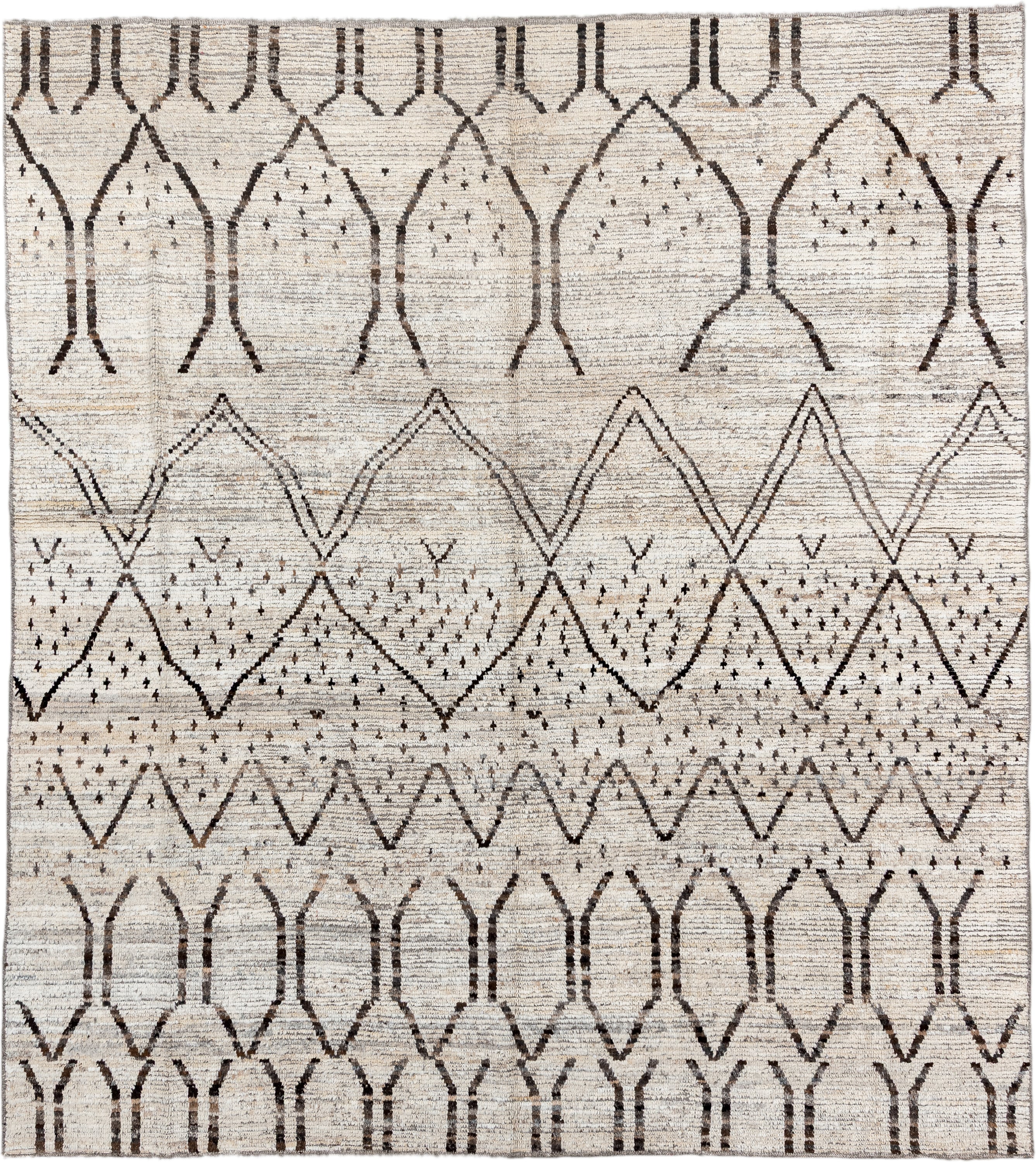 8' x 9' one-of-a-kind handmade vintage Tulu rug. Color palette: ivory, brown, taupe, charcoal, cream, beige, gray, black