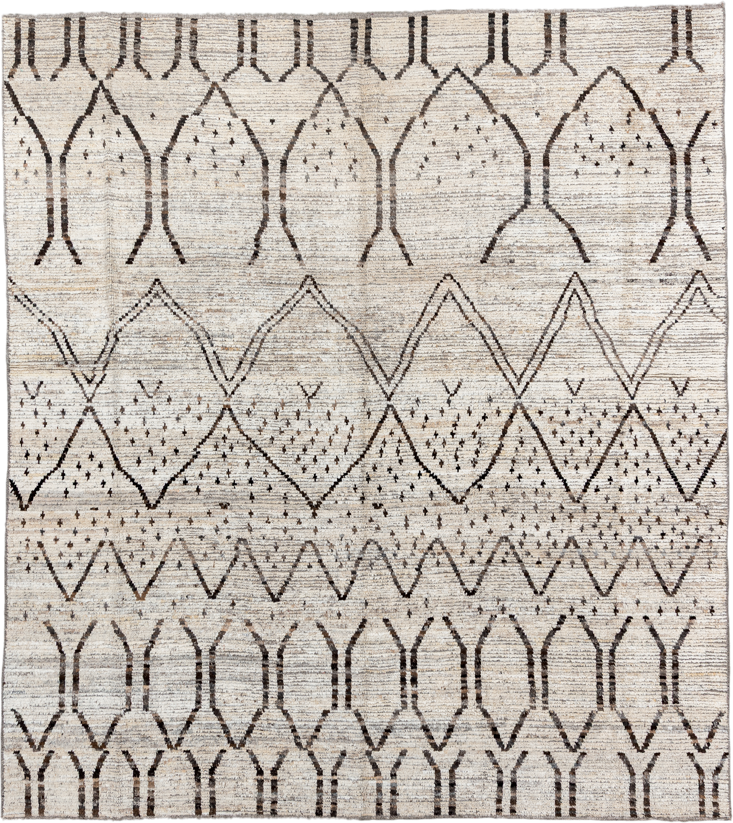 8' x 9' one-of-a-kind handmade vintage Tulu rug. Color palette: ivory, brown, taupe, charcoal, cream, beige, gray, black