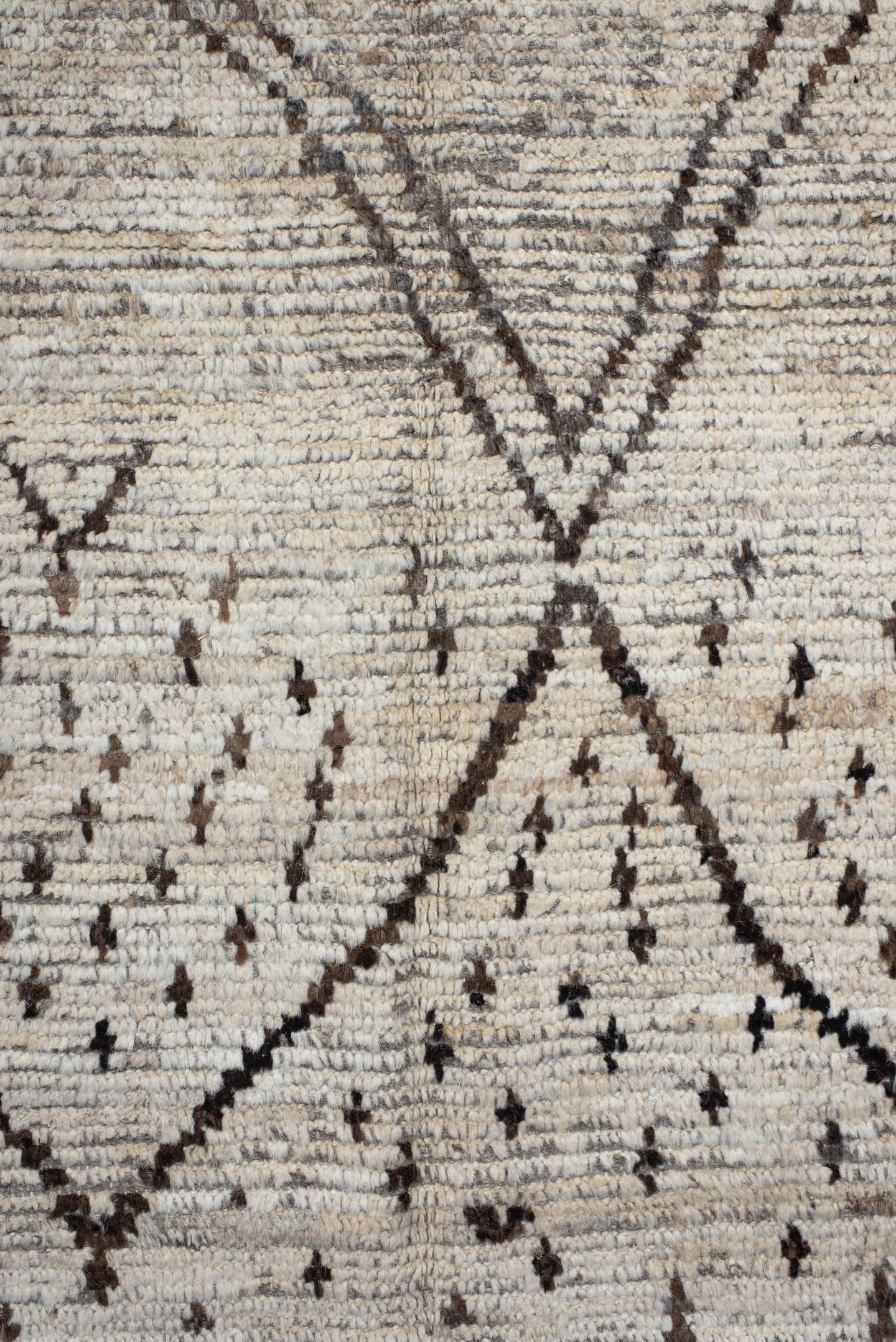 8' x 9' one-of-a-kind handmade vintage Tulu rug. Color palette: ivory, brown, taupe, charcoal, cream, beige, gray, black