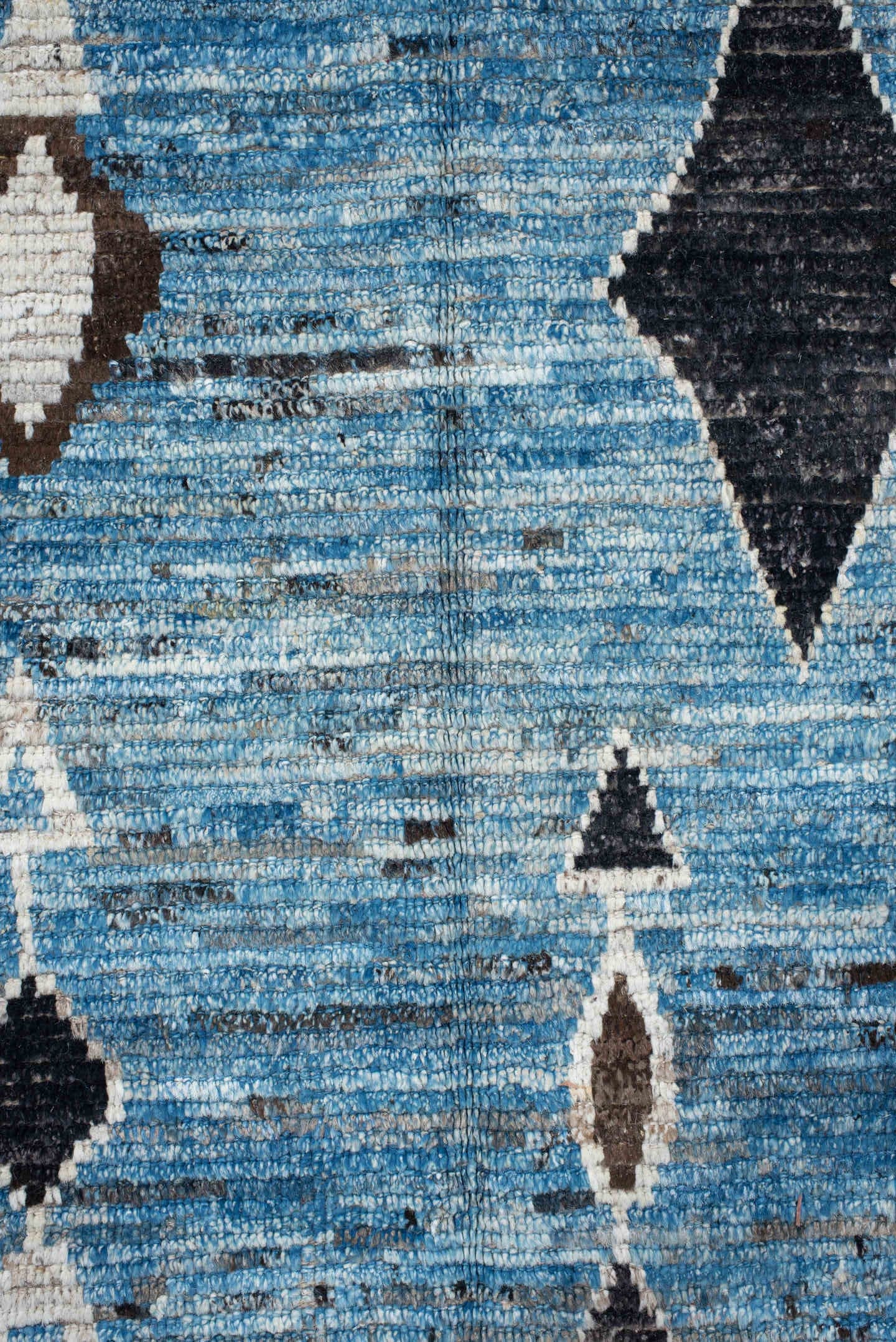 9' x 13' one-of-a-kind handmade vintage Tulu large size rug. Color palette: sky blue, ivory, charcoal, rose, taupe, brown