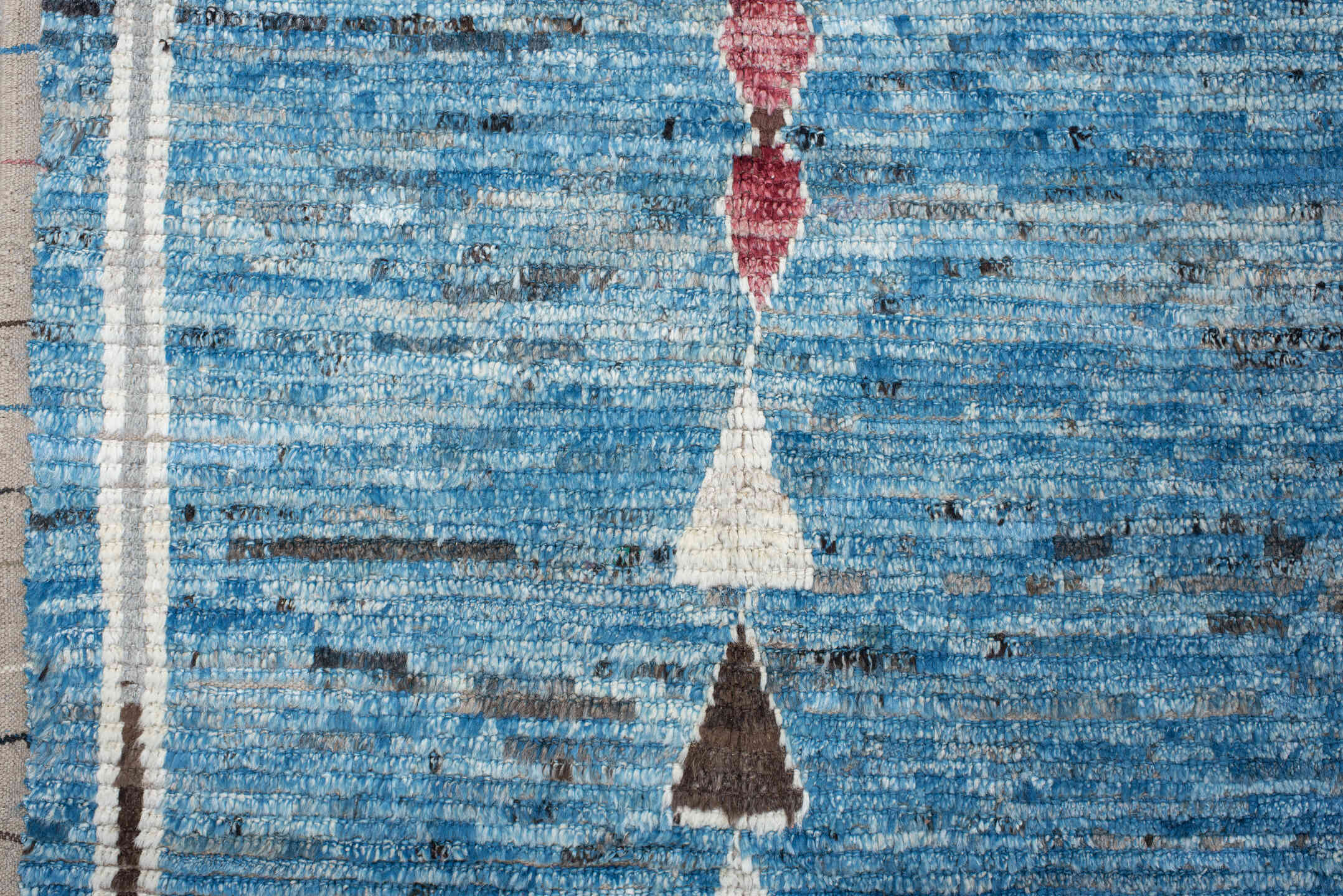9' x 13' one-of-a-kind handmade vintage Tulu large size rug. Color palette: sky blue, ivory, charcoal, rose, taupe, brown