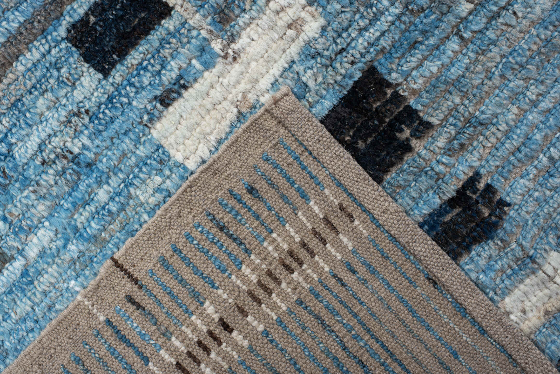 9' x 13' one-of-a-kind handmade vintage Tulu large size rug. Color palette: sky blue, ivory, charcoal, rose, taupe, brown