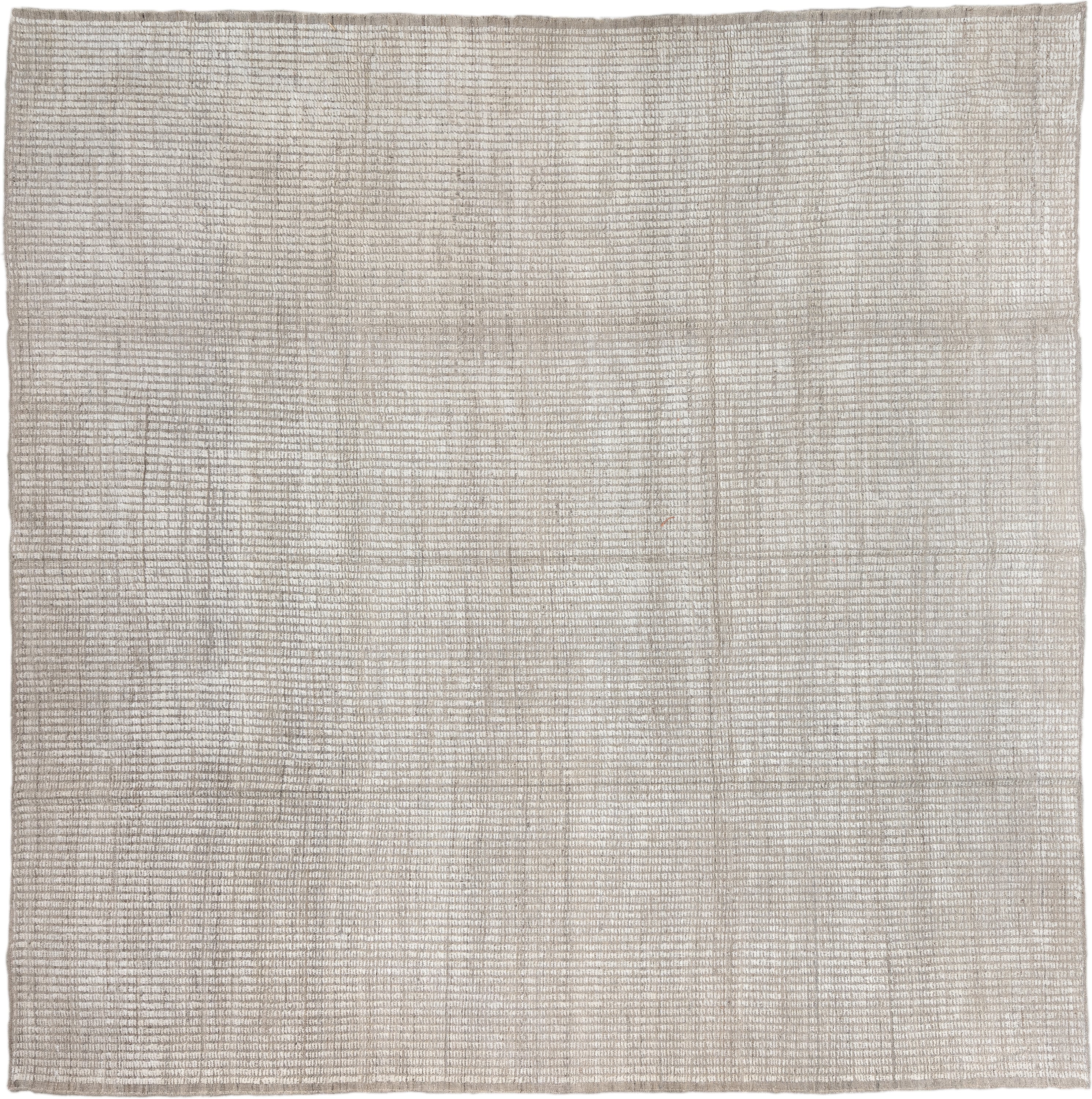 12' x 12' one-of-a-kind handmade vintage Tulu oversize rug. Color palette: ivory, taupe, pewter, warm gray, cream, beige