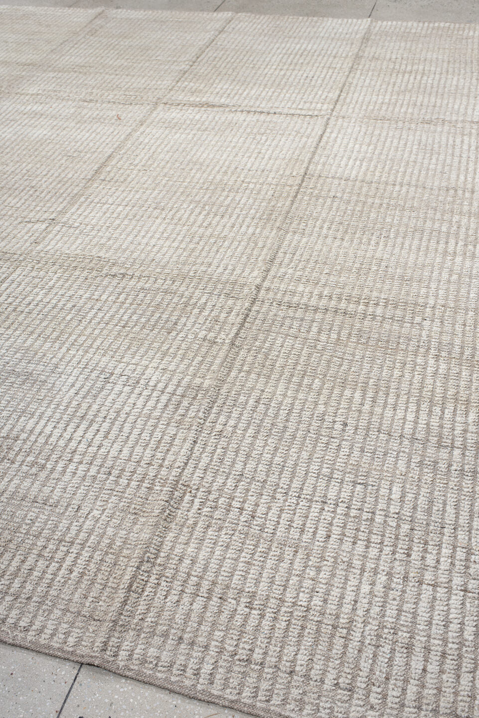 12' x 12' one-of-a-kind handmade vintage Tulu oversize rug. Color palette: ivory, taupe, pewter, warm gray, cream, beige