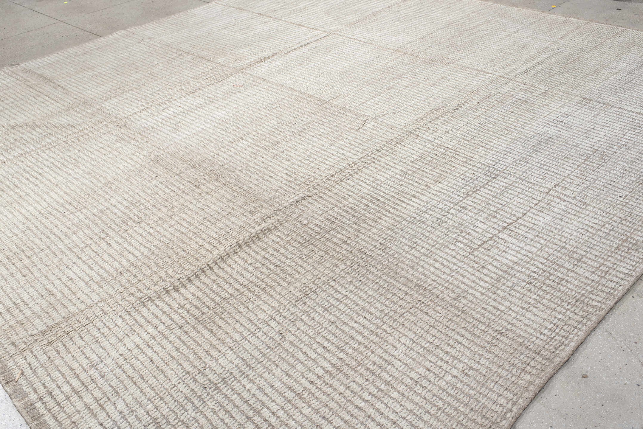 12' x 12' one-of-a-kind handmade vintage Tulu oversize rug. Color palette: ivory, taupe, pewter, warm gray, cream, beige