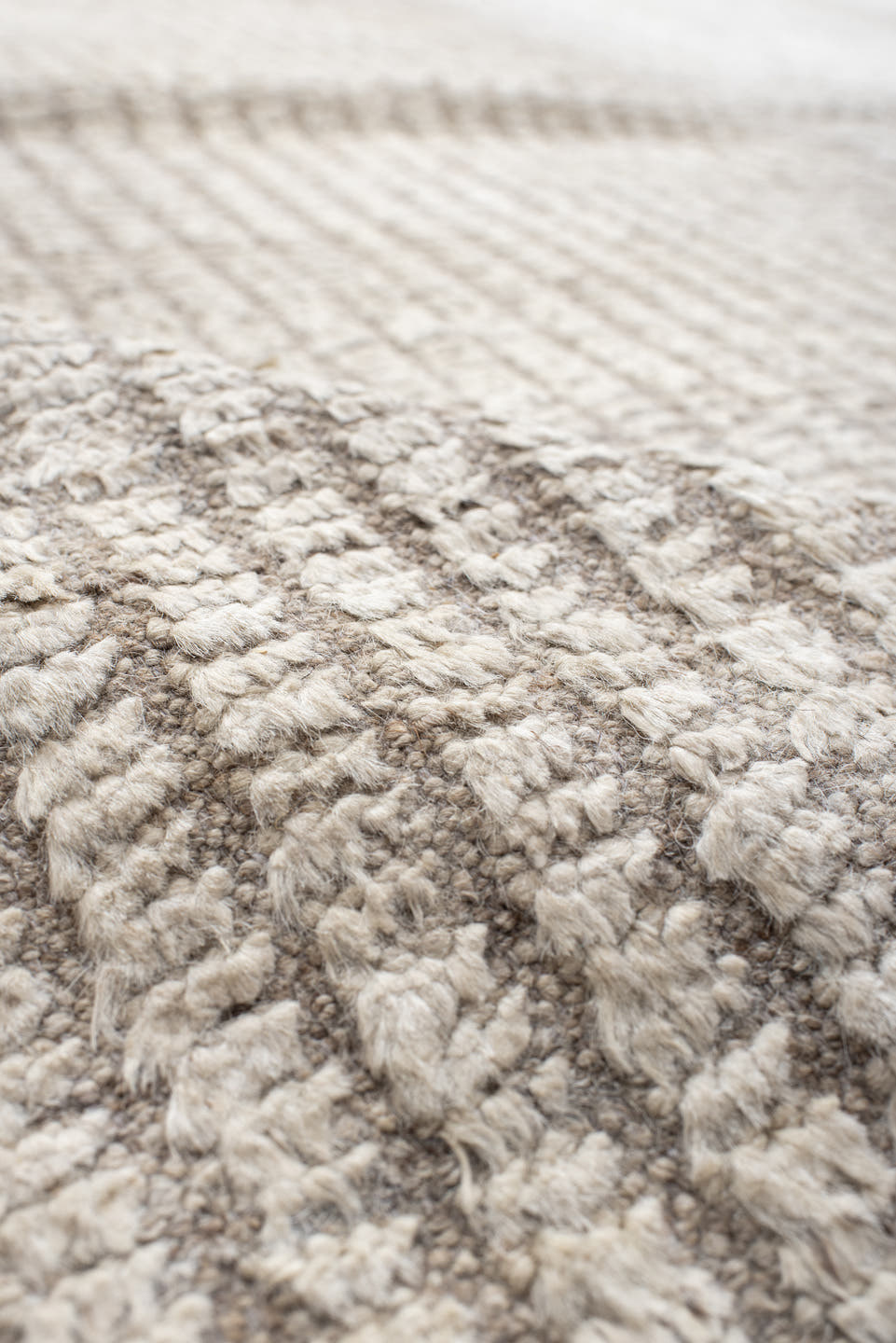 12' x 12' one-of-a-kind handmade vintage Tulu oversize rug. Color palette: ivory, taupe, pewter, warm gray, cream, beige