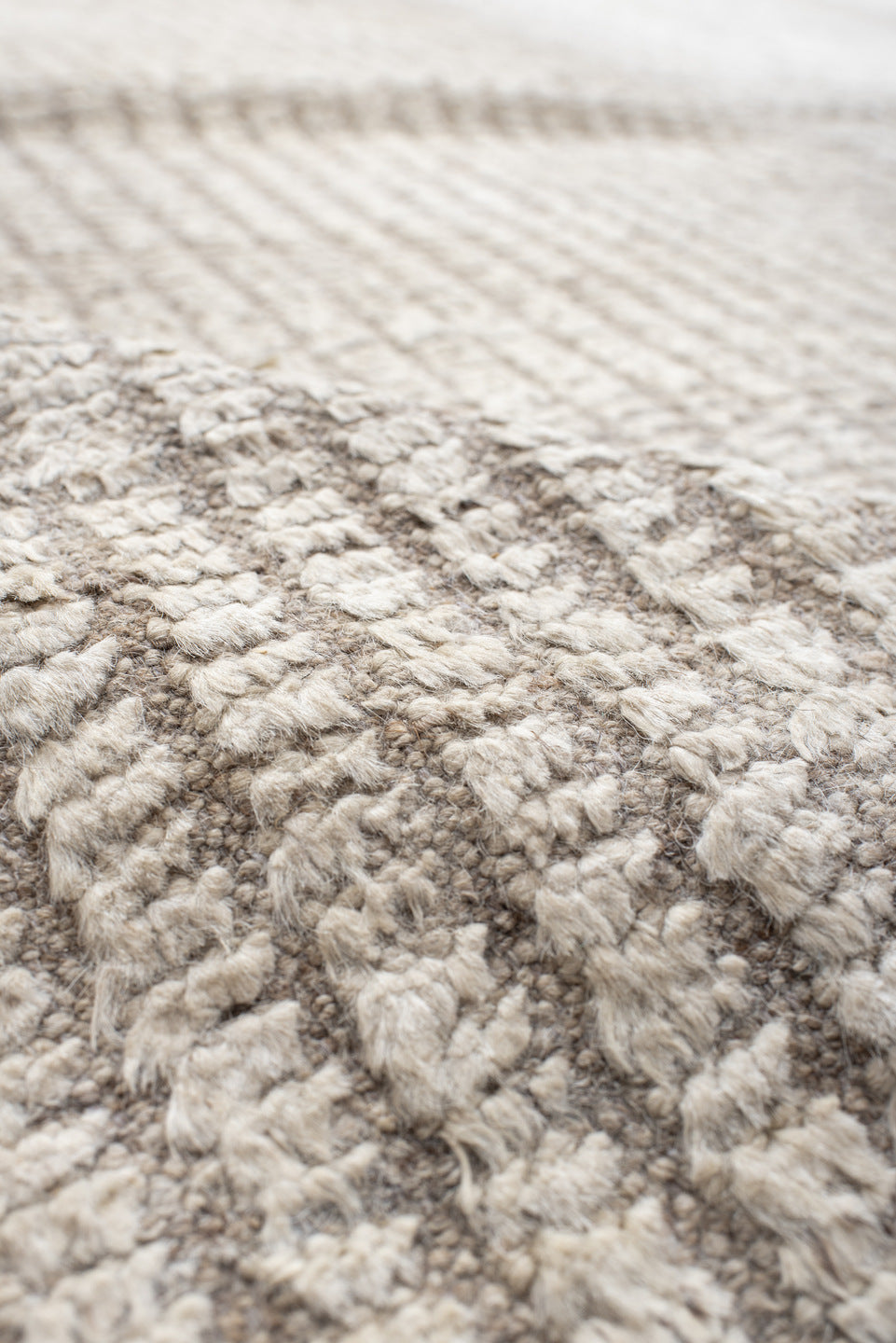 12' x 12' one-of-a-kind handmade vintage Tulu oversize rug. Color palette: ivory, taupe, pewter, warm gray, cream, beige