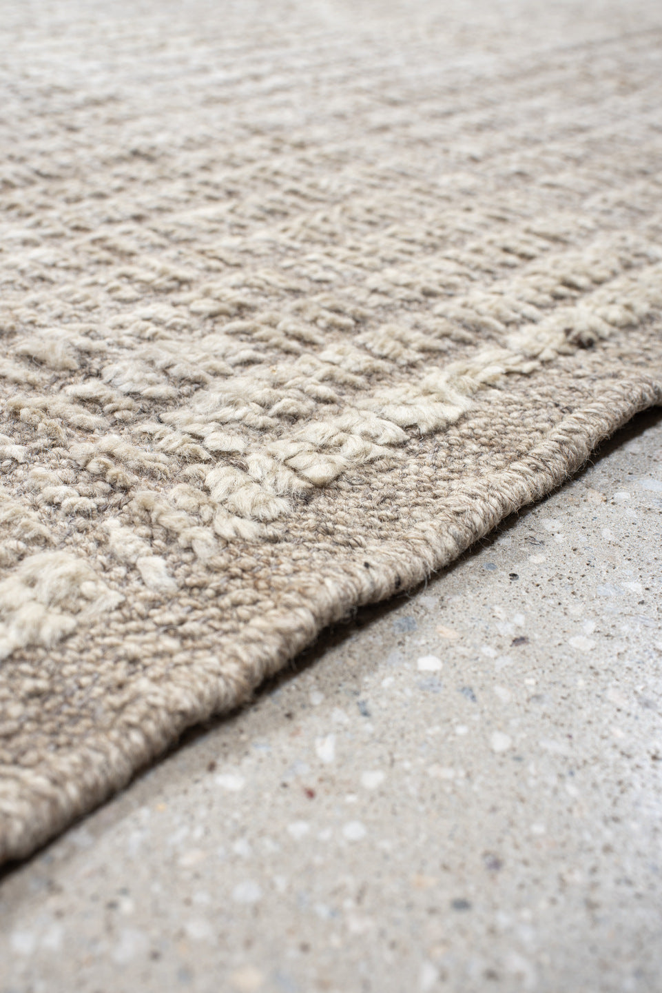 12' x 12' one-of-a-kind handmade vintage Tulu oversize rug. Color palette: ivory, taupe, pewter, warm gray, cream, beige