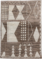 7' x 9' one-of-a-kind handmade vintage Tulu rug. Color palette: ivory, taupe, brown, charcoal, cream, rose, slate, pale blue