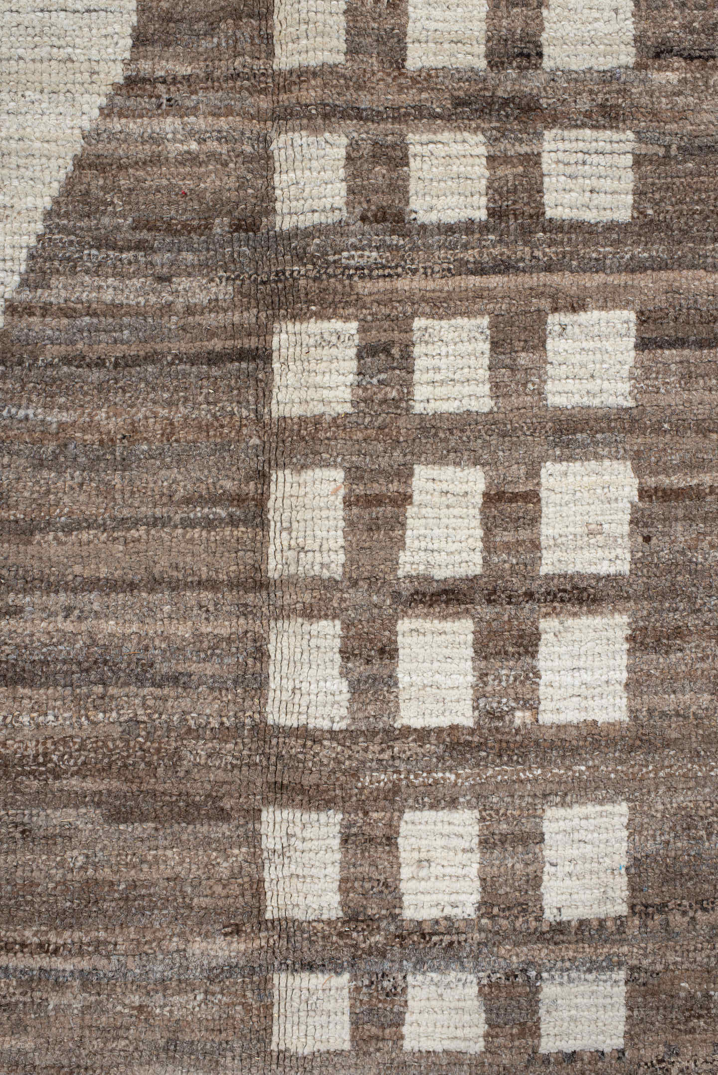 7' x 9' one-of-a-kind handmade vintage Tulu rug. Color palette: ivory, taupe, brown, charcoal, cream, rose, slate, pale blue